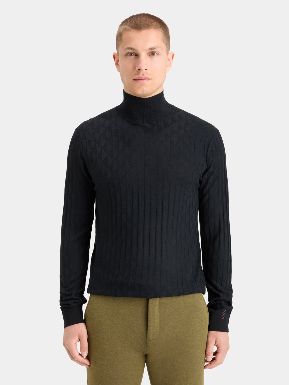 Scotch & Soda relief stitch turtleneck knitwear in textured fabric, featuring a high collar and ribbed cuffs.