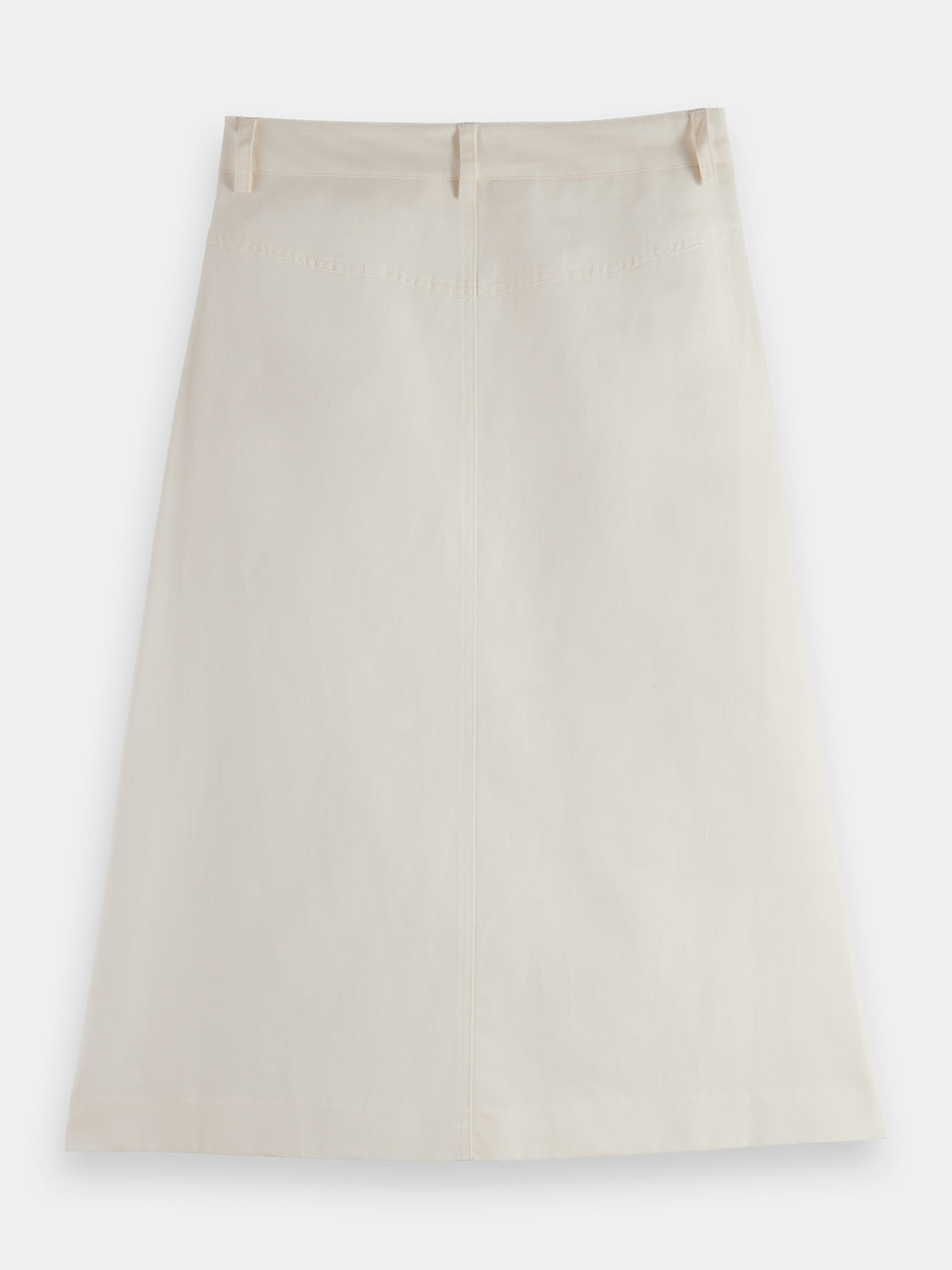 Scotch & Soda wrap front midi skirt in lightweight fabric with a fitted waist and flowing hem, back view.