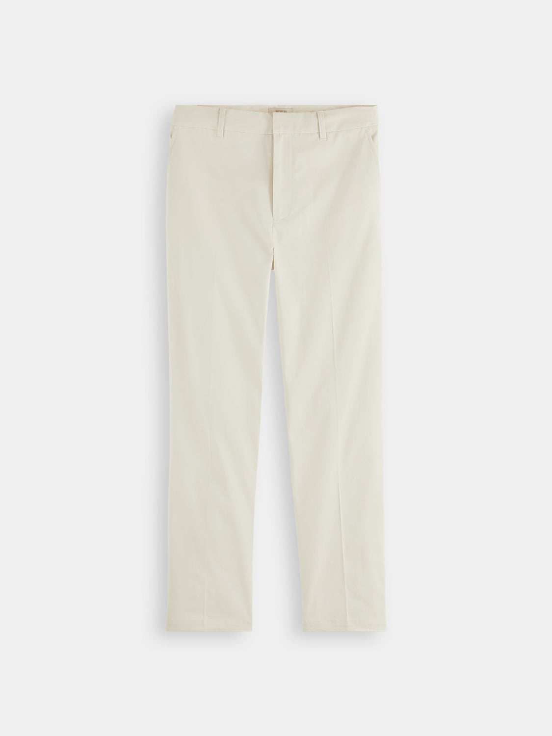 Scotch & Soda Abbott tapered chinos pants in neutral fabric with a slim fit and front pockets, shown on a hanger.