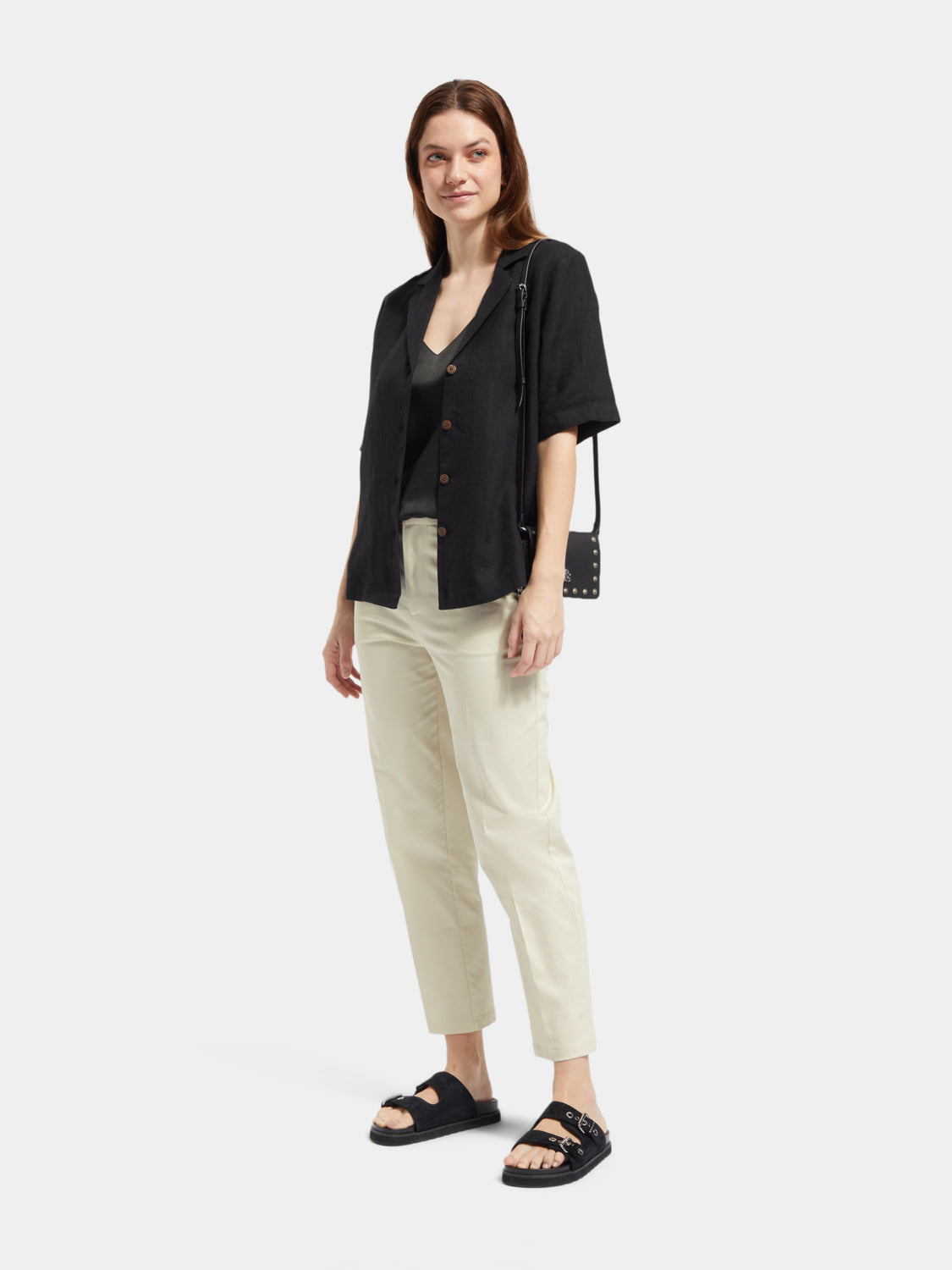 Scotch & Soda Abbott tapered chinos in beige fabric, shown front view with classic fit and clean design.