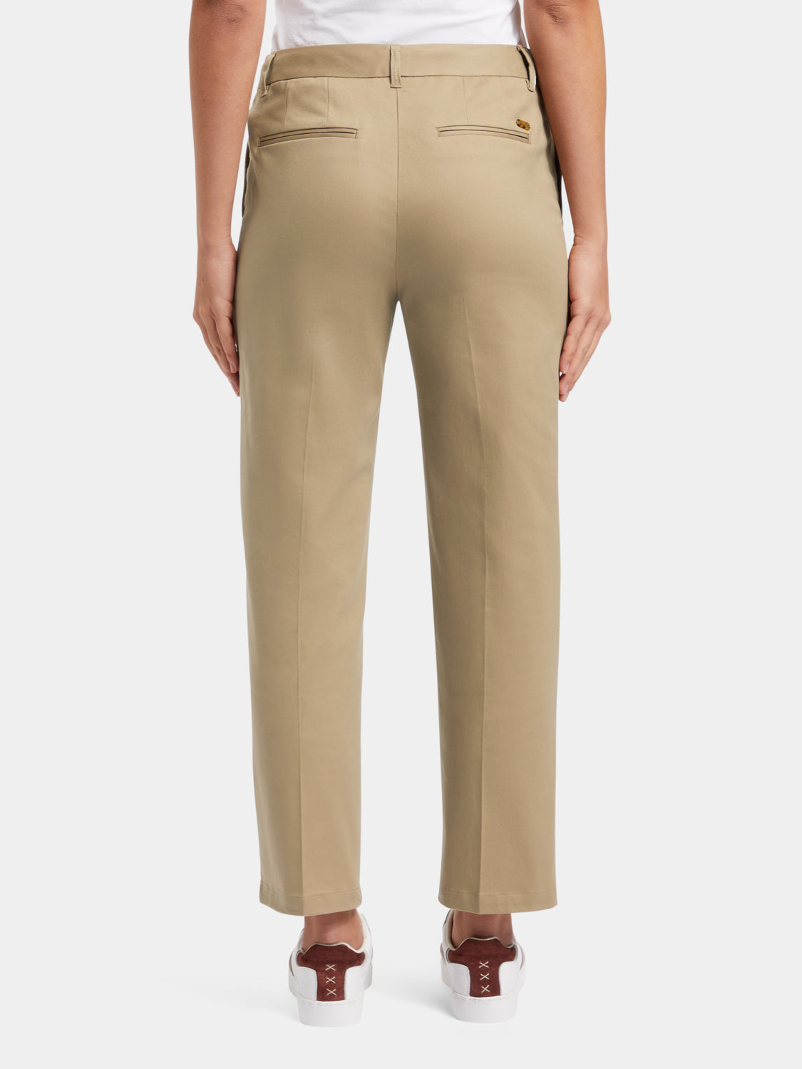 Scotch & Soda Abbott tapered chinos pants in neutral fabric with back pockets, front zipper, and belt loops.