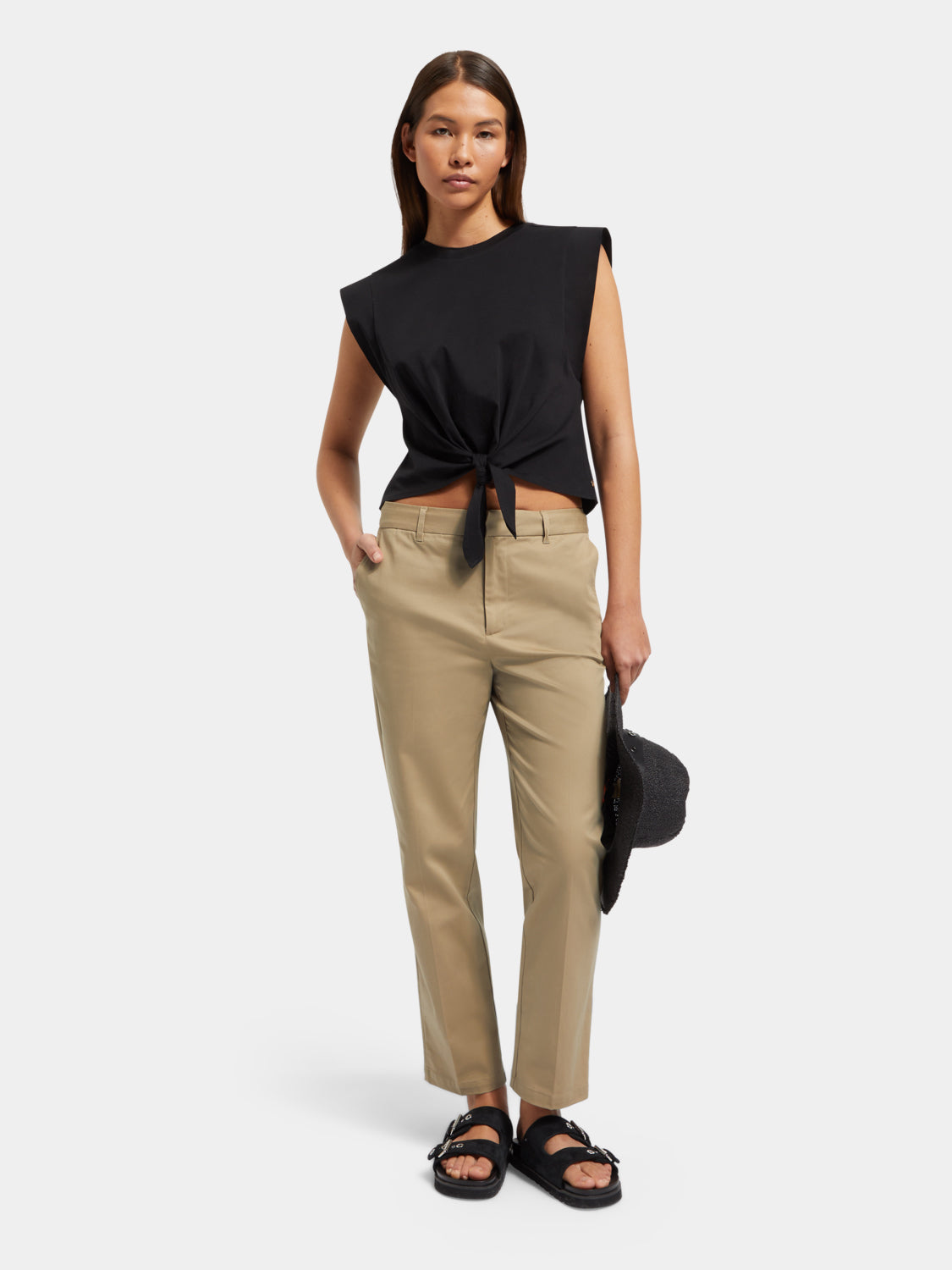 Scotch & Soda Abbott tapered chinos pants in neutral fabric, shown with front pockets and a slim fit design.