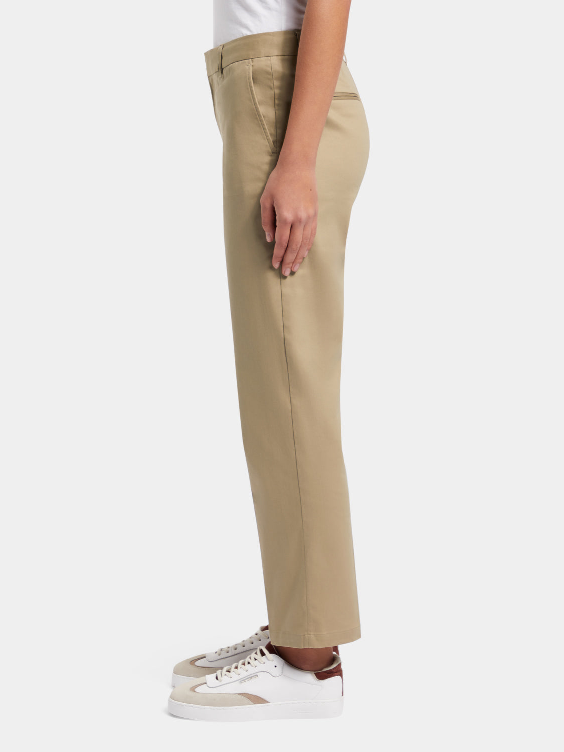 Scotch & Soda Abbott tapered chinos in beige, showing slim fit pants with front pockets and a clean design.