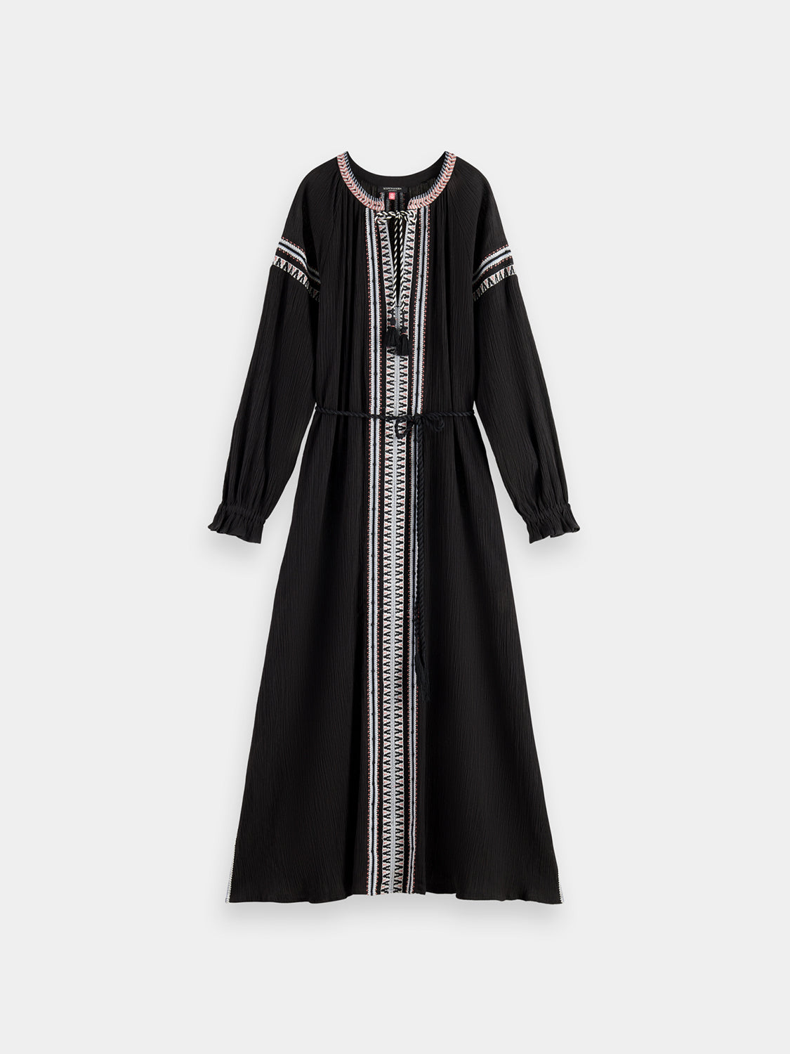 Scotch & Soda midi dress with intricate embroidery, featuring a flowy silhouette and detailed floral patterns.