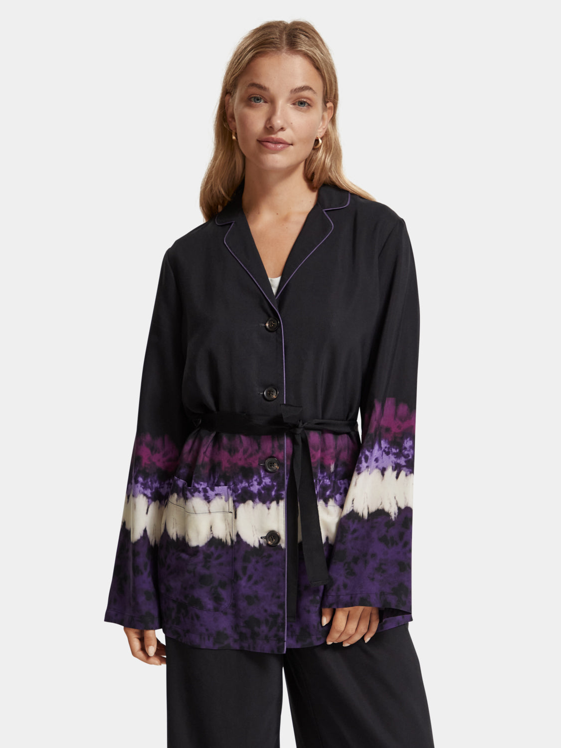 Tie-dyed pyjama blazer by Scotch & Soda, lightweight blazer with vibrant tie-dye pattern and relaxed fit, ideal for casual wear.