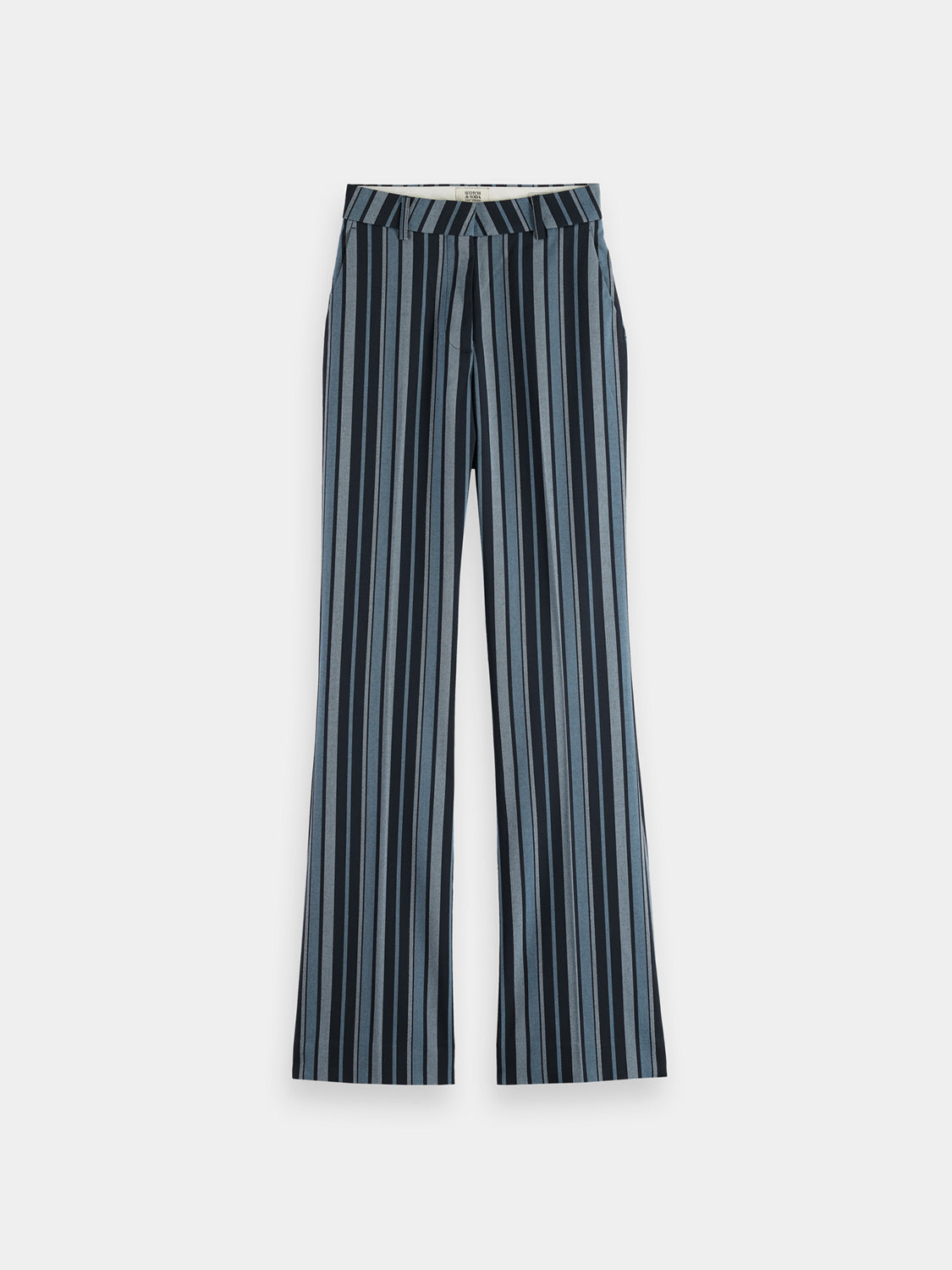 Violet Scotch & Soda kick flare pants with high waist and wide legs, shown on a model against a white background.