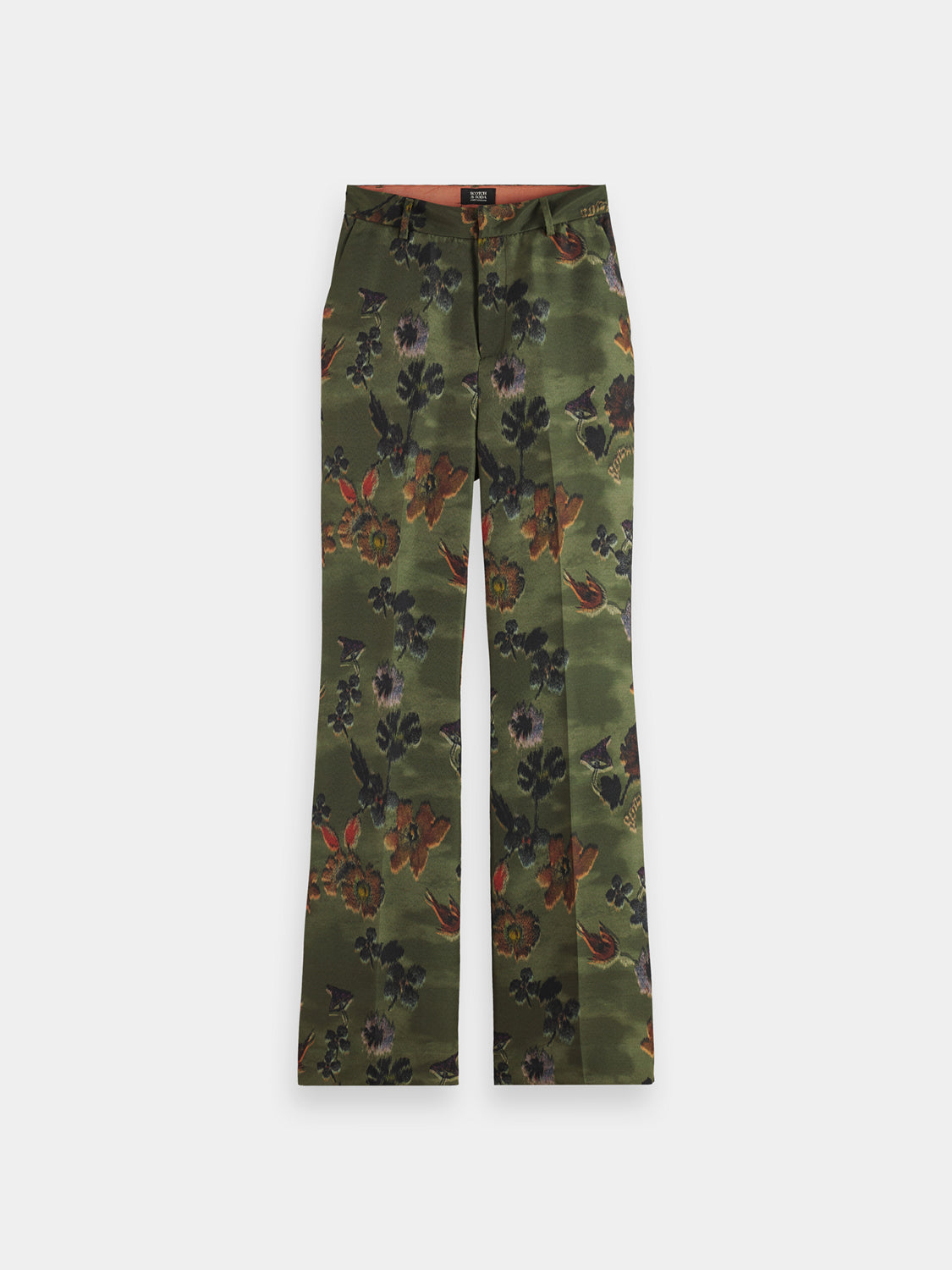 Violet Scotch & Soda kick flare pants with a high waist and tailored fit, shown on a model against a plain background.