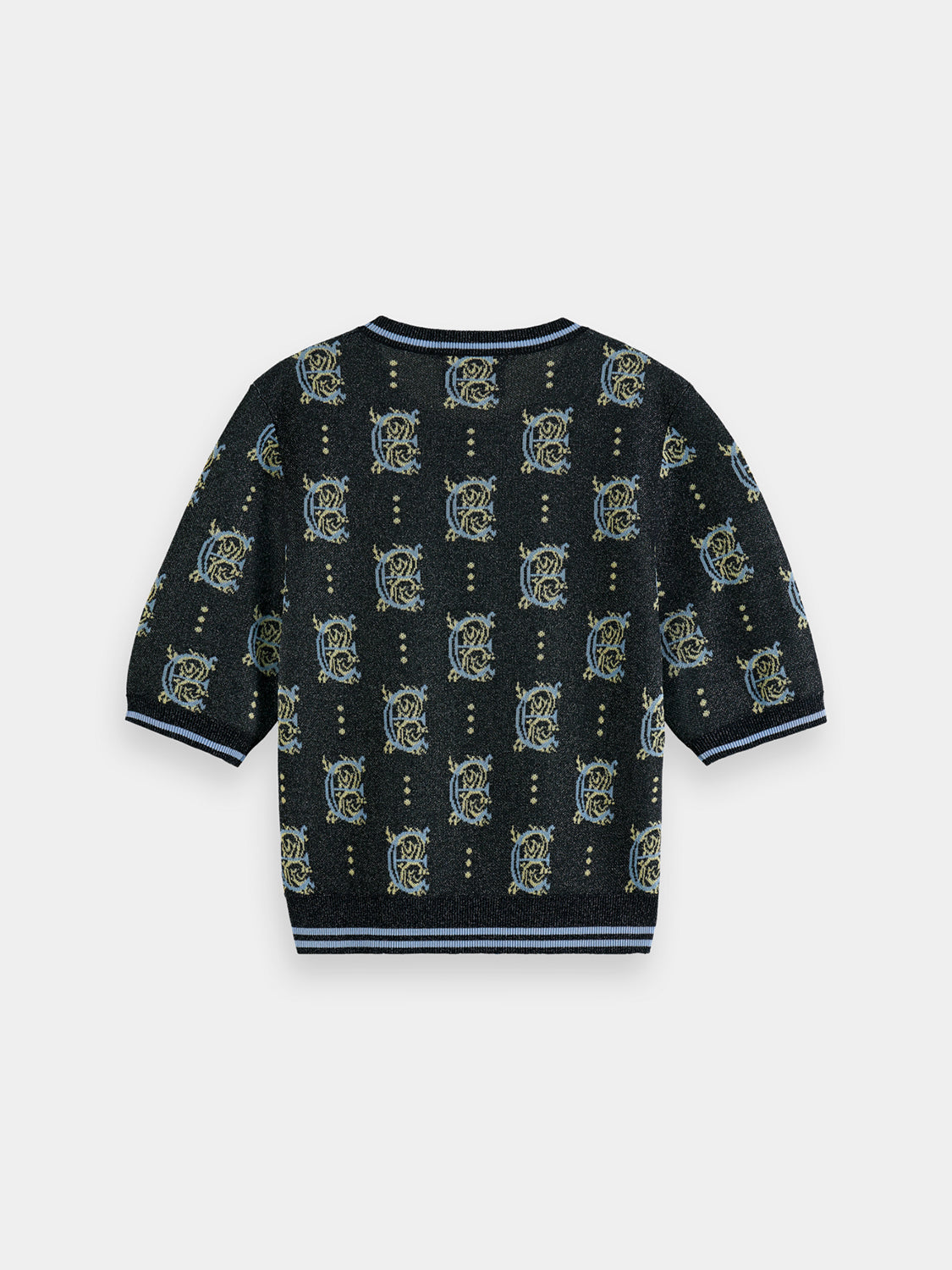 Black Scotch & Soda jacquard knit cropped top with detailed knit pattern and fitted style.
