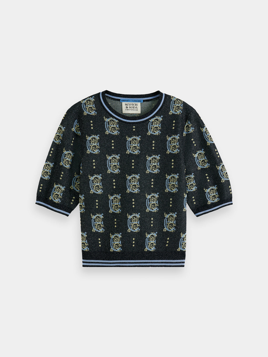 SCOTCH & SODA jacquard cropped knit top with intricate pattern and fitted style, shown on a white background.