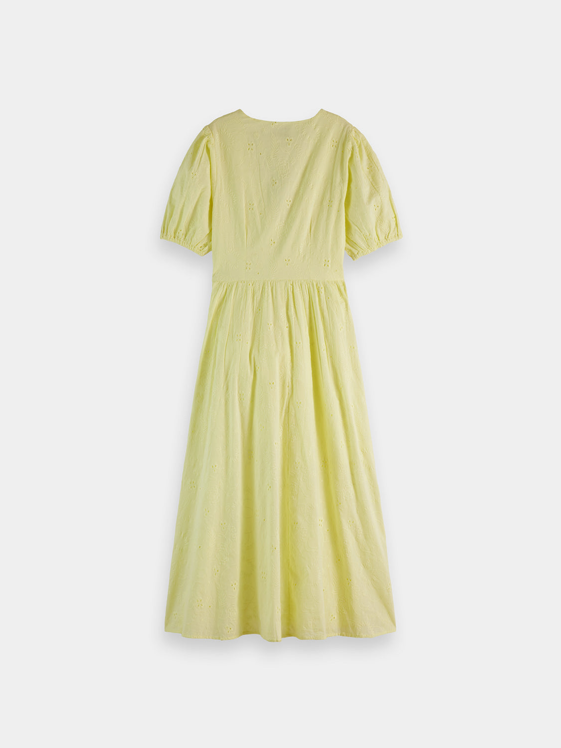 SCOTCH & SODA broderie anglaise midi dress with short sleeves and intricate embroidered floral patterns.