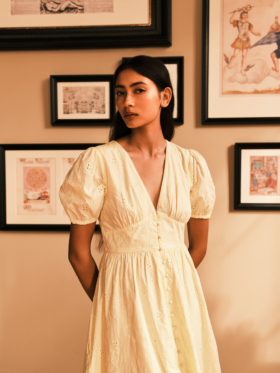 SCOTCH & SODA broderie anglaise midi dress featuring intricate embroidery, lightweight fabric, and a classic silhouette.