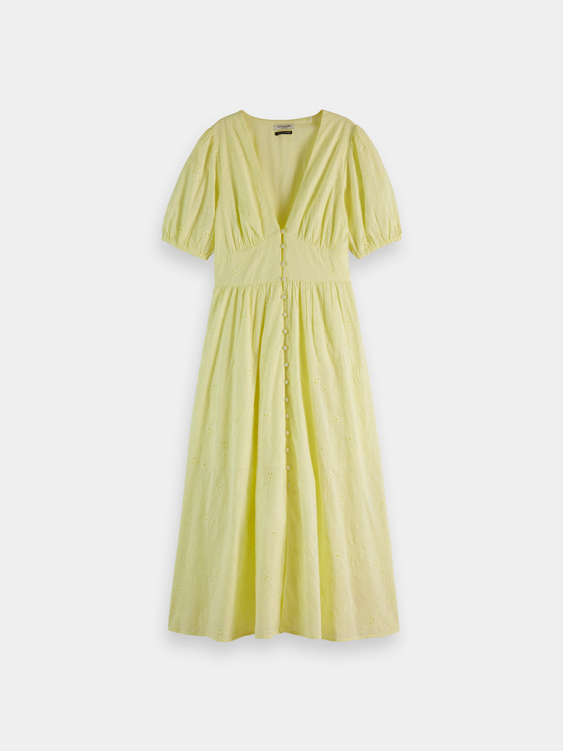 Scotch & Soda broderie anglaise midi dress showing intricate lace embroidery, lightweight fabric, and a flowing silhouette.