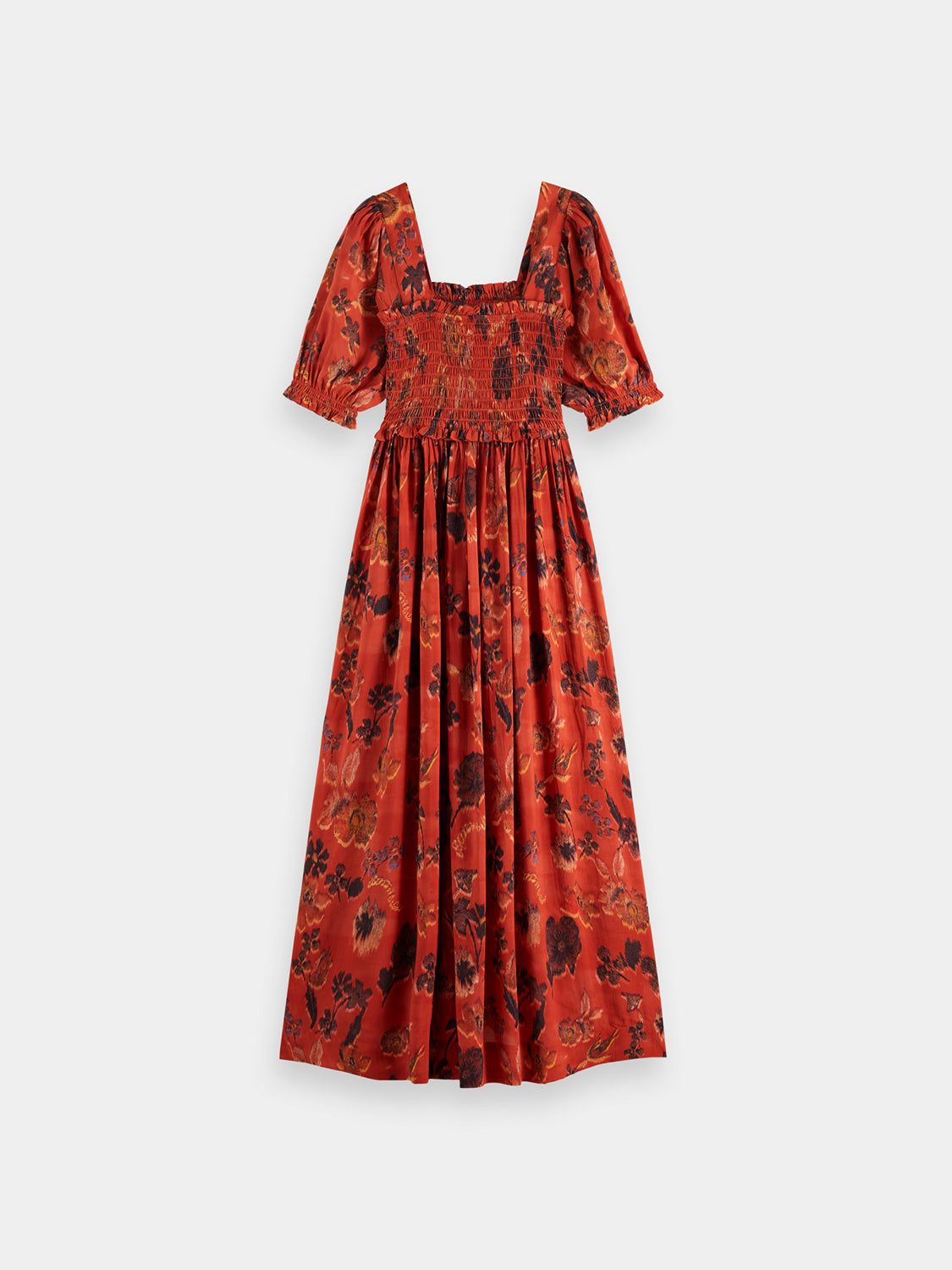 Scotch & SODA smocked midi dress with floral pattern, fitted bodice, and flowing skirt, shown from the back.