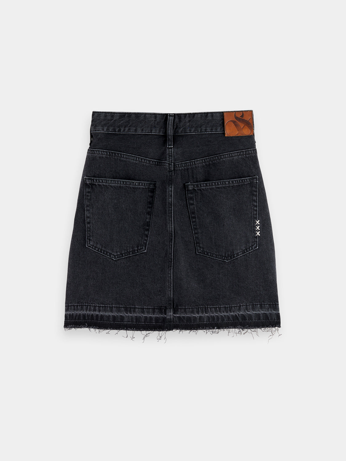 Denim mini skirt with cargo pockets from Scotch & Soda, showcasing a stylish back view with rolled hem and casual fit.