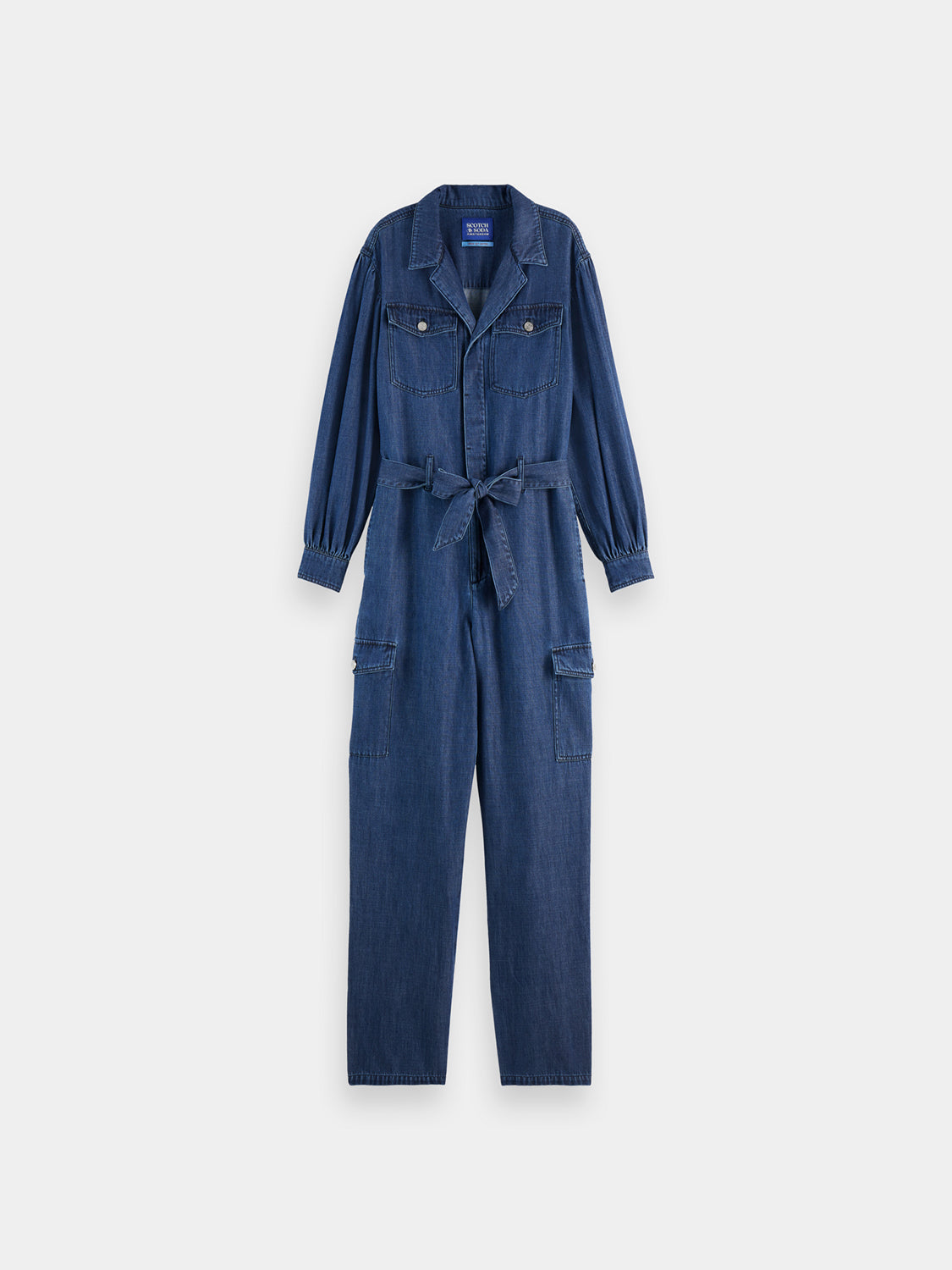 Back view of a stylish denim jumpsuit by SCOTCH & SODA, featuring classic design and fitted silhouette.