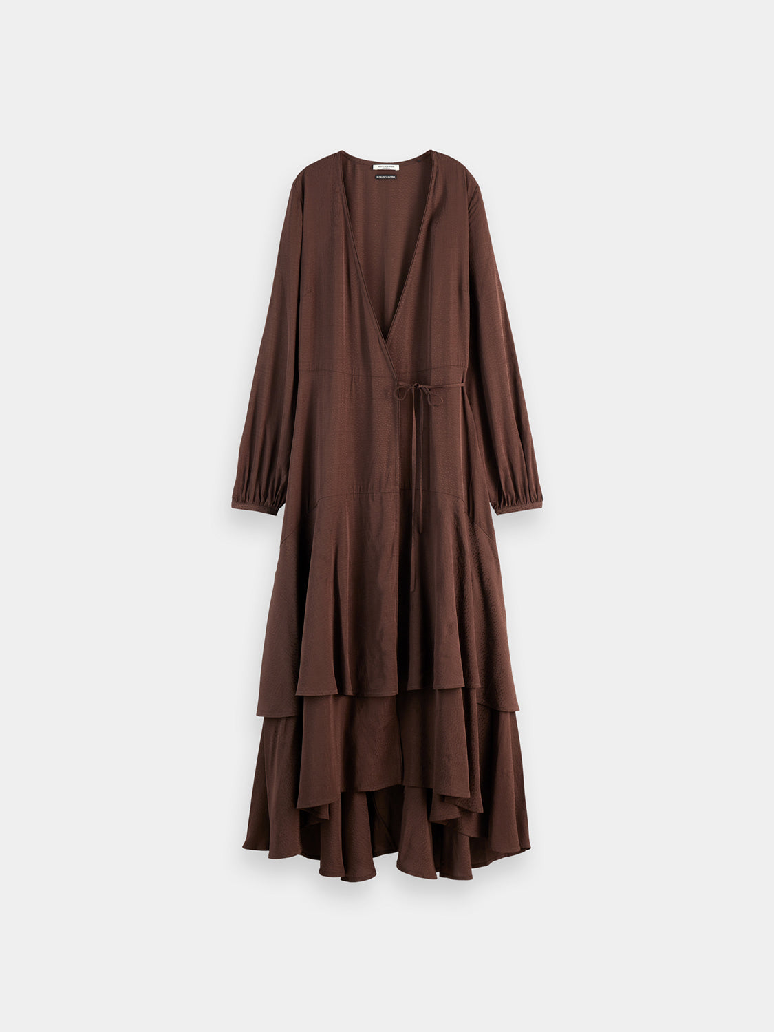 SCOTCH & SODA jacquard midi wrap dress showing intricate pattern and elegant fit on a model.
