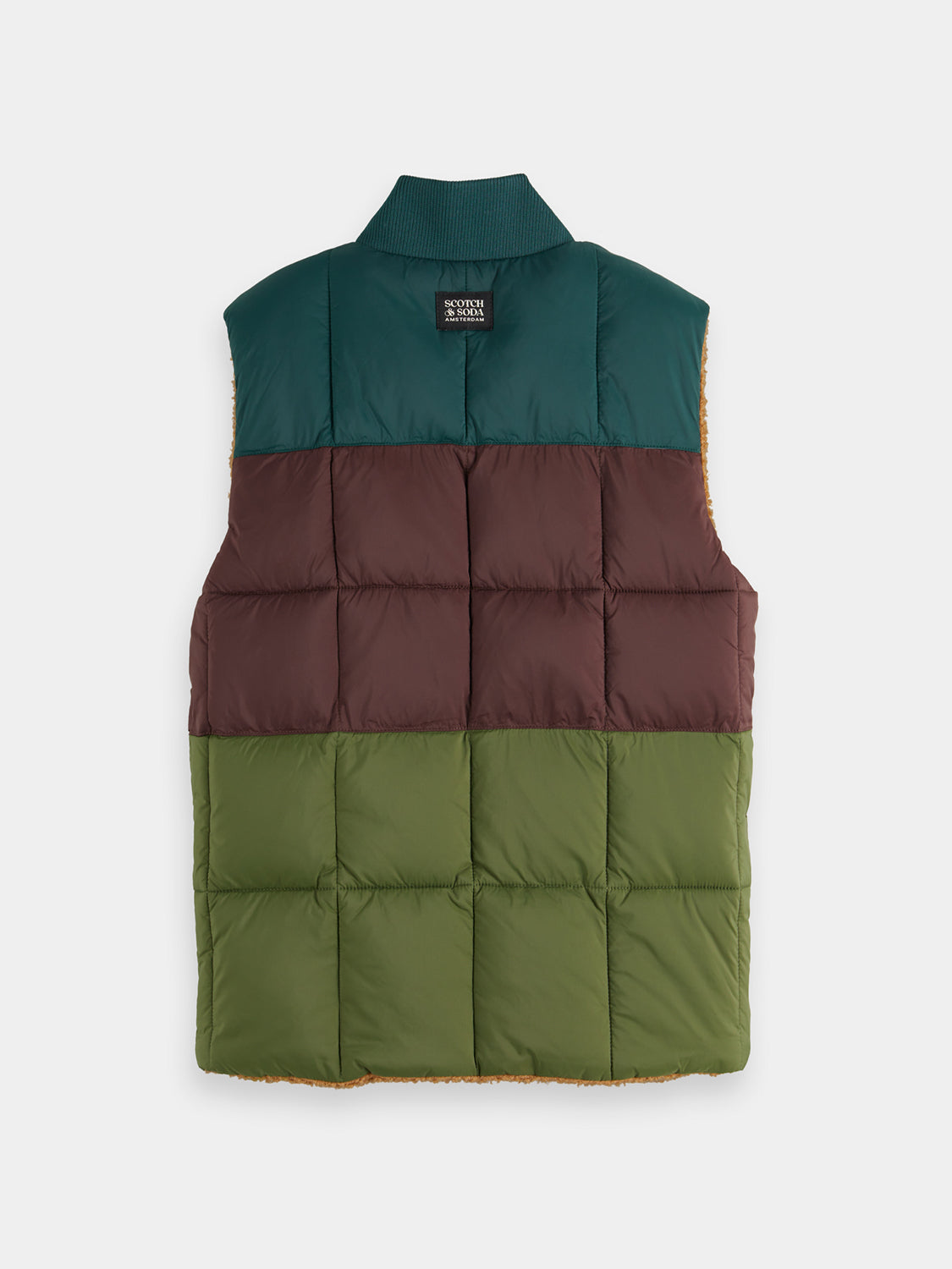 Kids reversible bodywarmer by Scotch & Soda, showing the front and back view with colorful, padded design and zip closure.