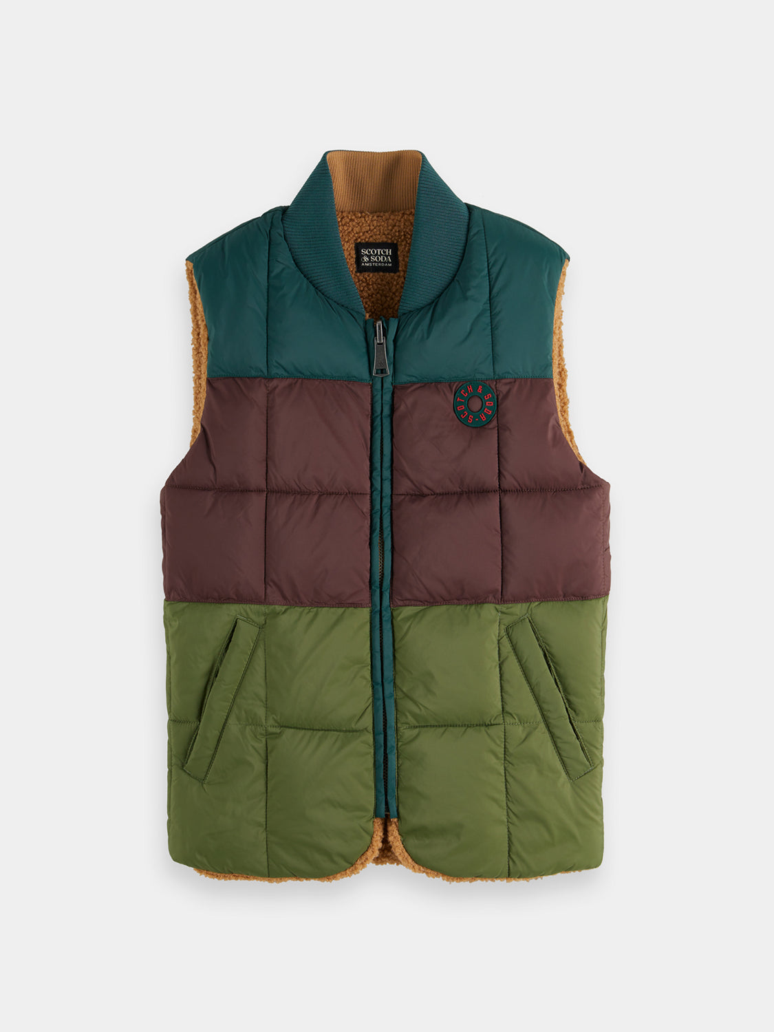 Kids reversible bodywarmer by Scotch & Soda, showing both quilted and smooth sides, with a front zipper and stand collar.