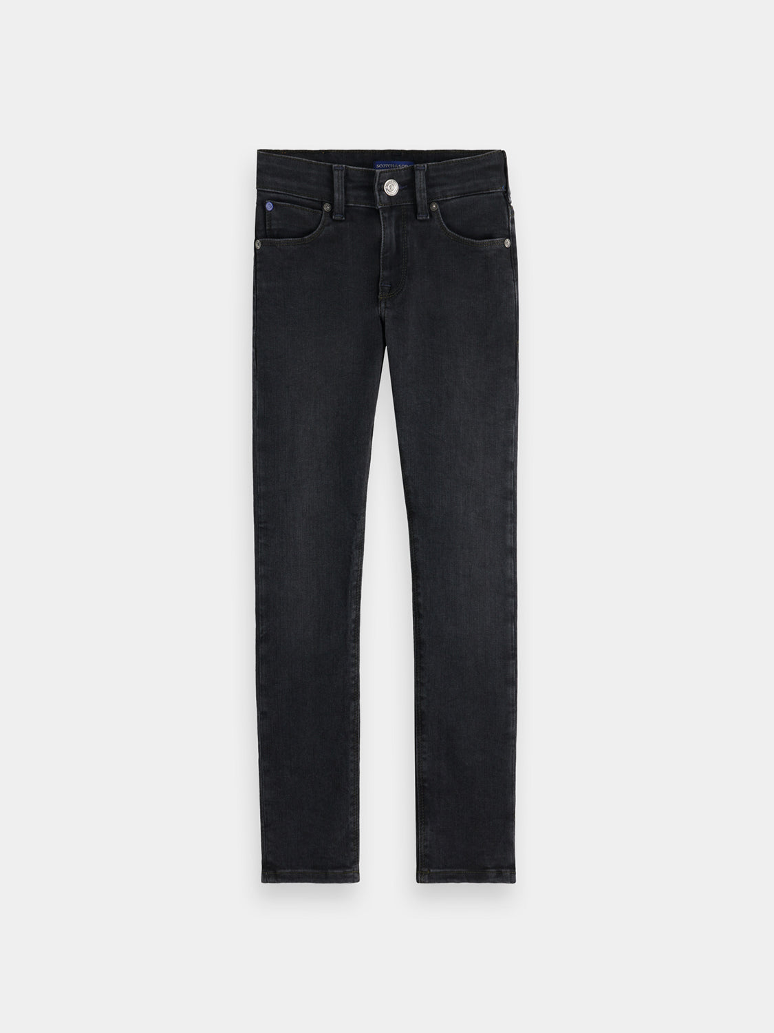Kids Tigger skinny fit denim jeans by Scotch & Soda displayed on a hanger with front pockets and classic blue wash.