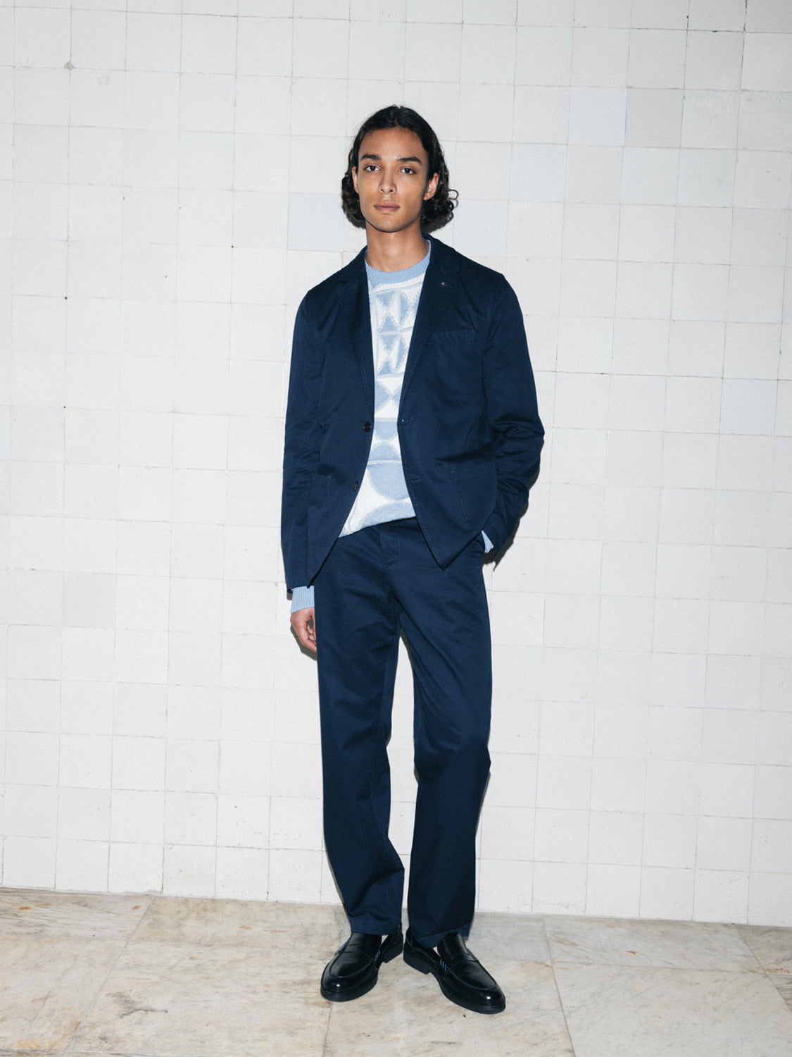 SCOTCH & SODA Clarke straight-fit chinos pants in a neutral color, shown on a model with front and side views.