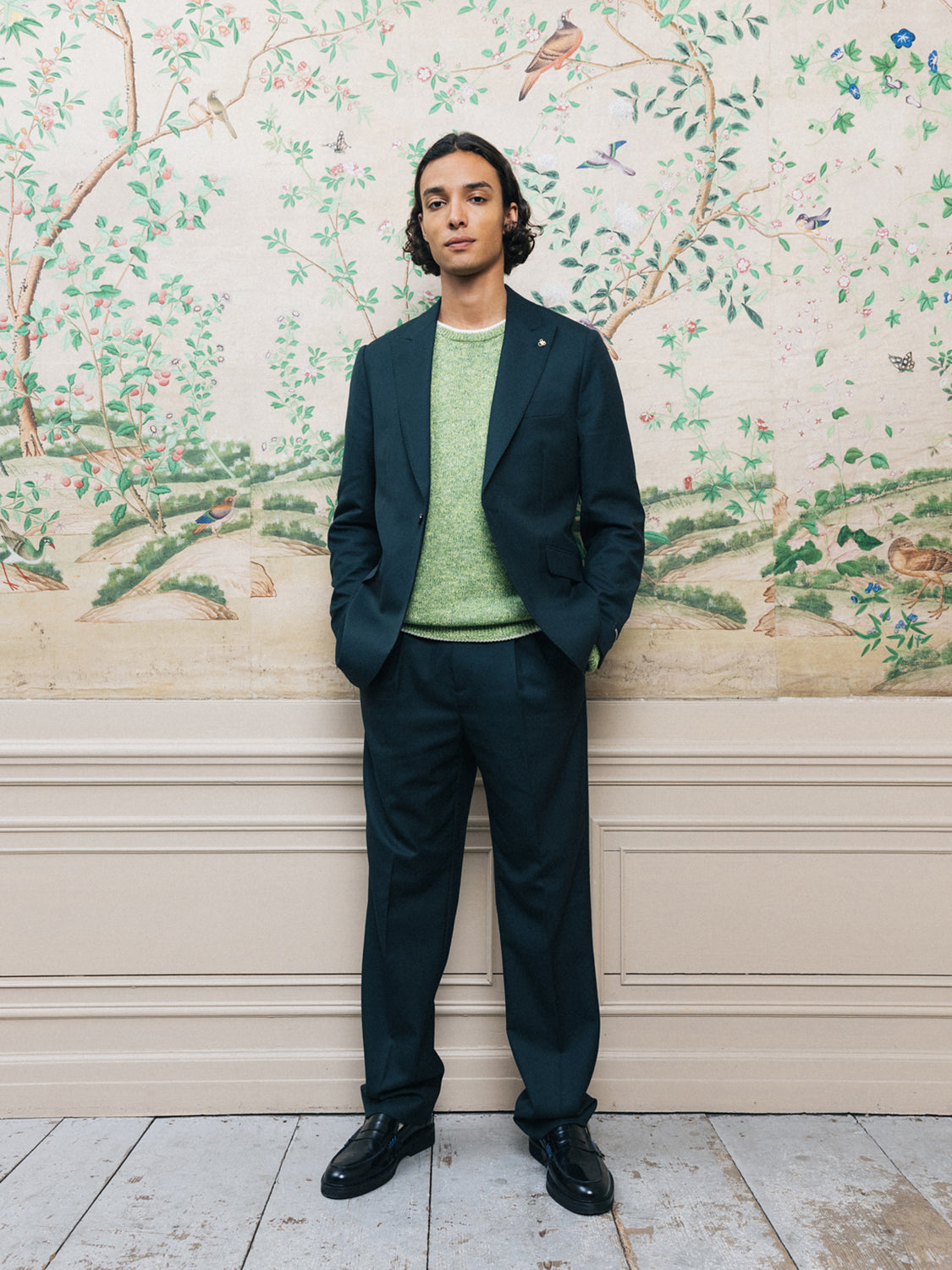 SCOTCH & SODA men's peak lapel blazer in classic tailored style, shown in dark fabric with structured fit.