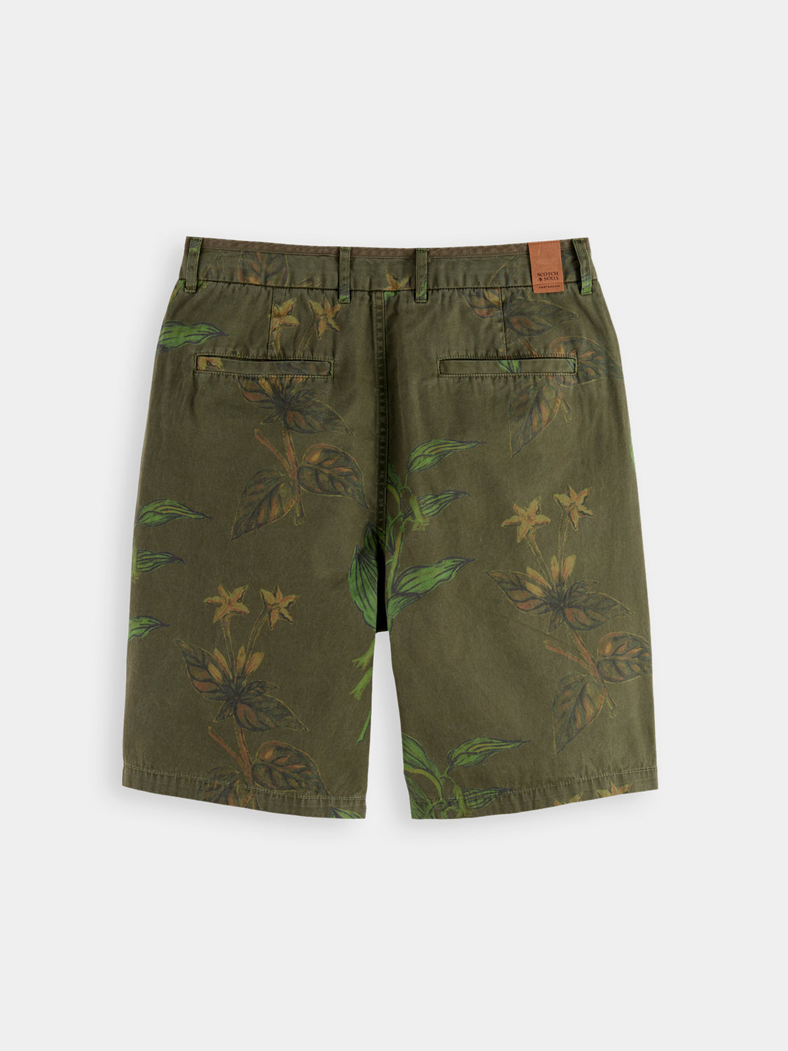 Printed shorts by Scotch & Soda featuring vibrant patterns and casual fit, shown from the back view.