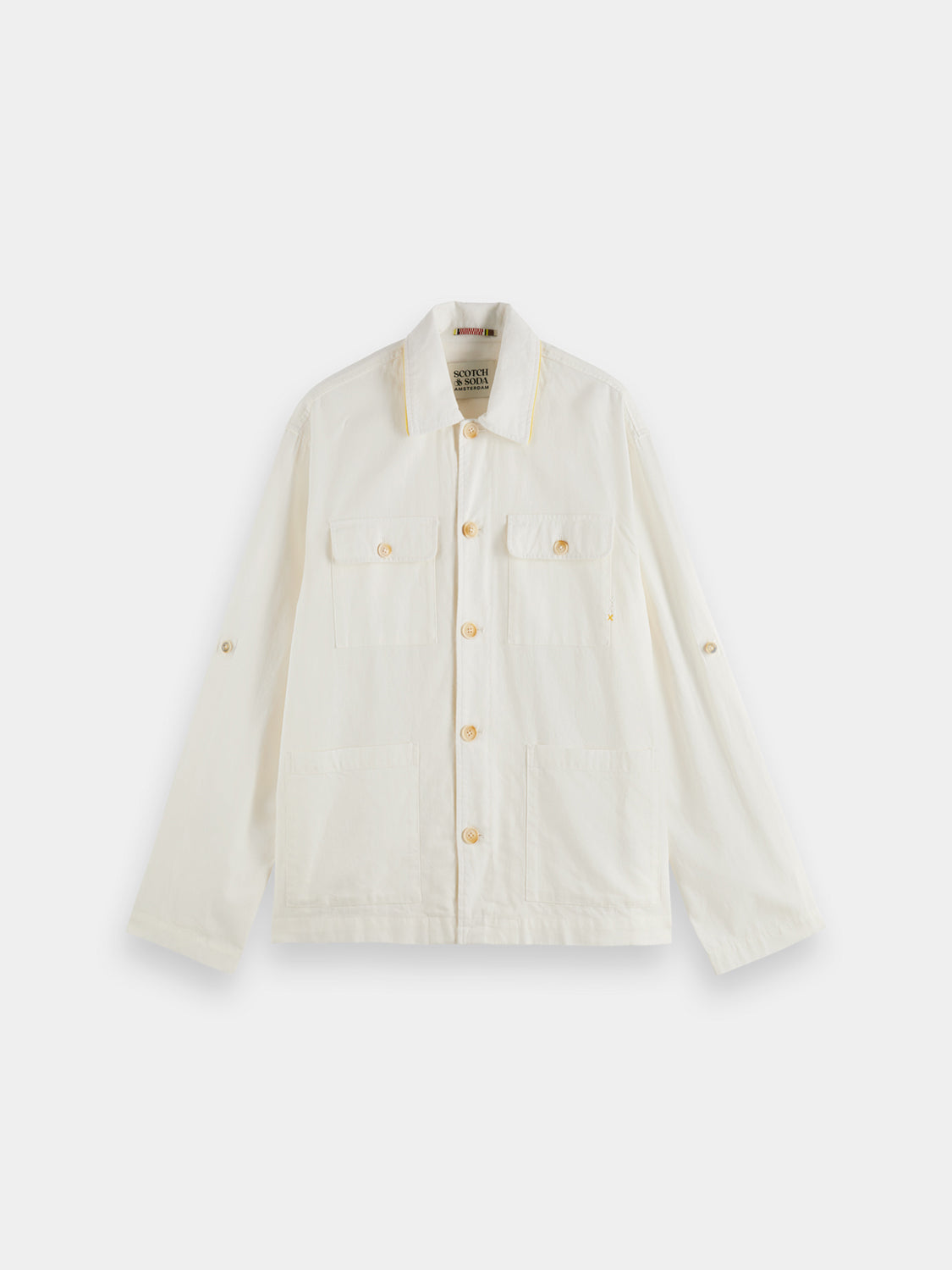 Cotton-linen overshirt jacket by Scotch & Soda, shown in a casual fit with button closure and patch pockets.