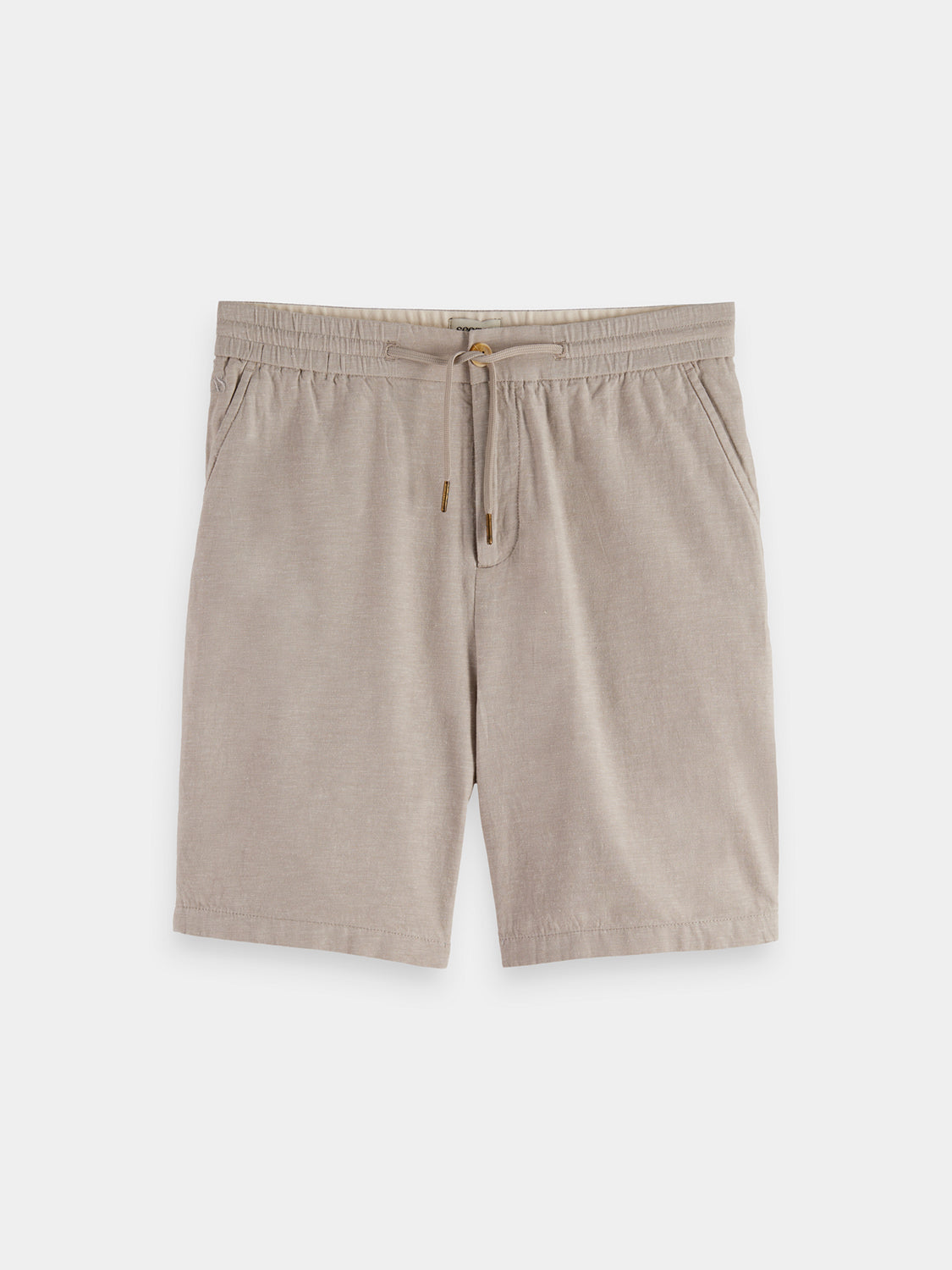 Light beige Fave cotton-linen shorts by Scotch & Soda displayed on a model, featuring a relaxed fit and casual style.