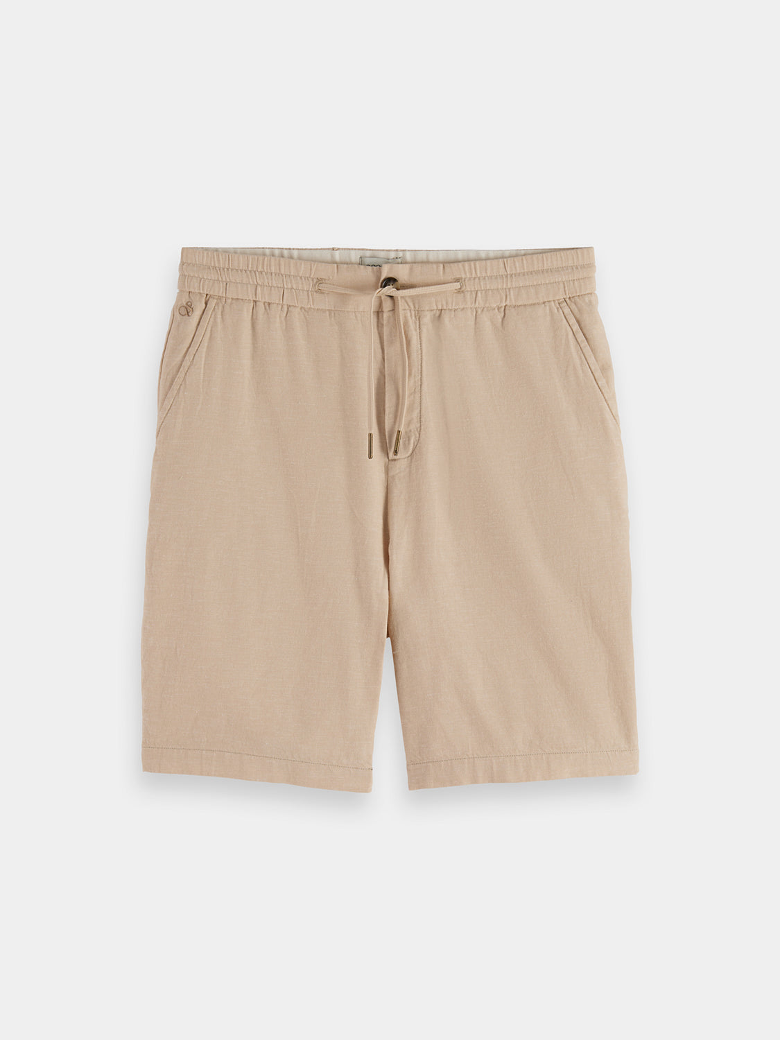 SCOTCH & SODA Fave cotton-linen shorts in neutral tones, showing the relaxed fit and lightweight fabric for summer wear.