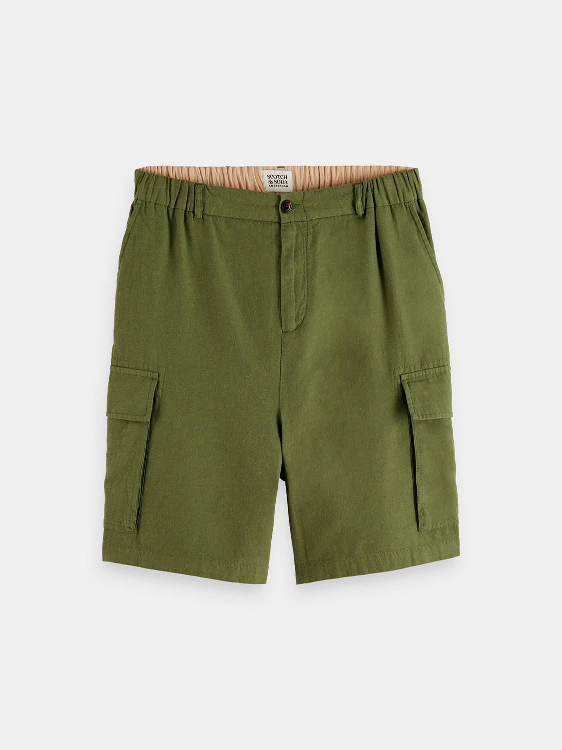 Pair of Scotch & Soda cargo shorts in beige with multiple pockets, displayed on a plain white background.