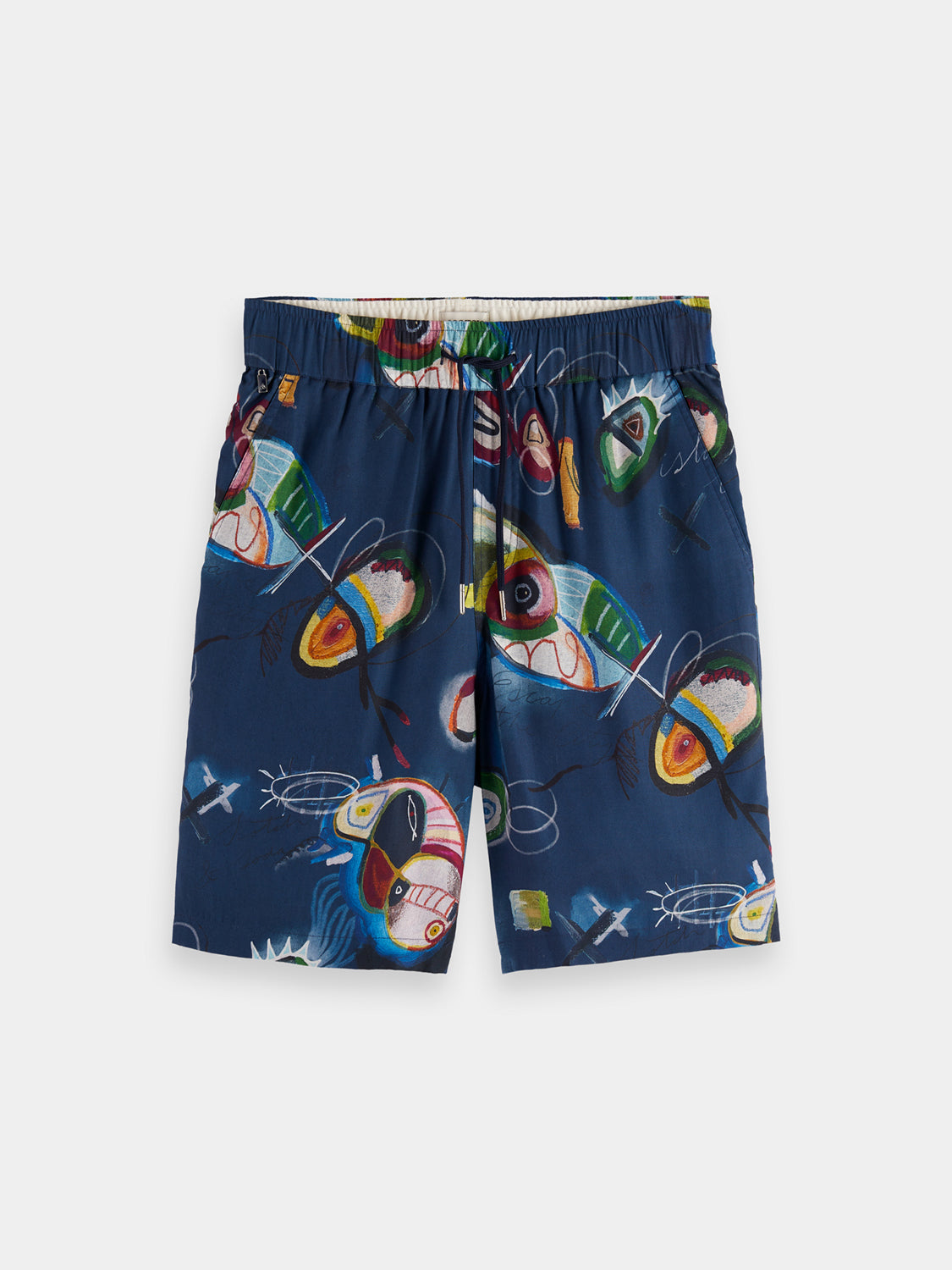 Fave printed shorts by Scotch & Soda featuring a colorful floral pattern and casual fit, shown on a model.