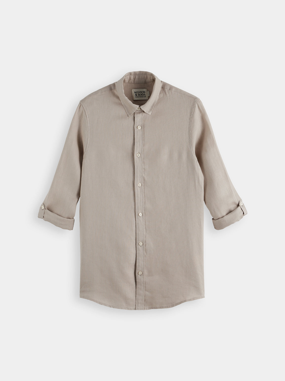 Long-sleeve linen shirt by Scotch & Soda, showing light, breathable fabric and casual fit on a hanger.