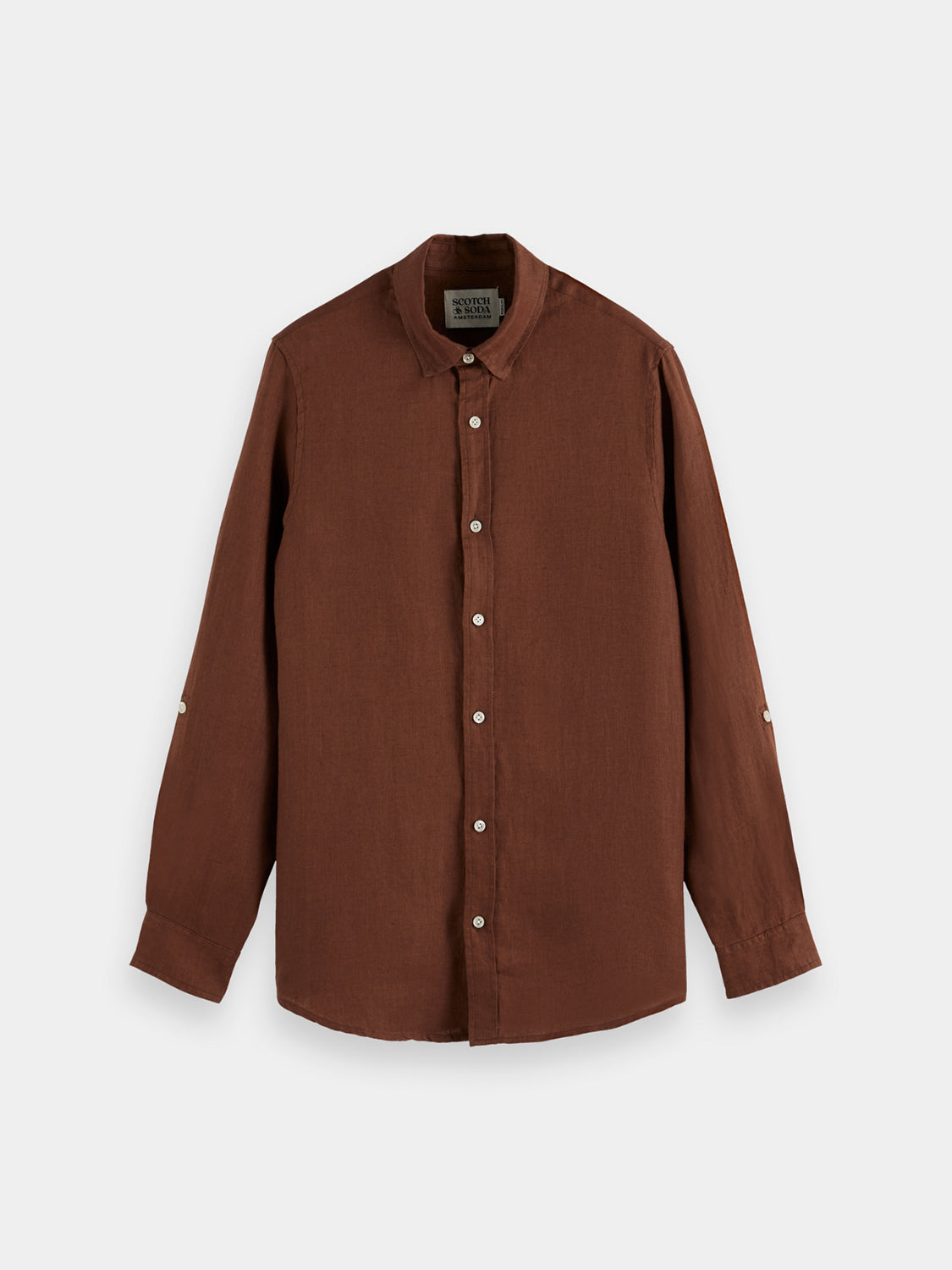 Long-sleeve Scotch & Soda linen shirt featuring a relaxed fit and natural fabric texture, shown in a casual style.