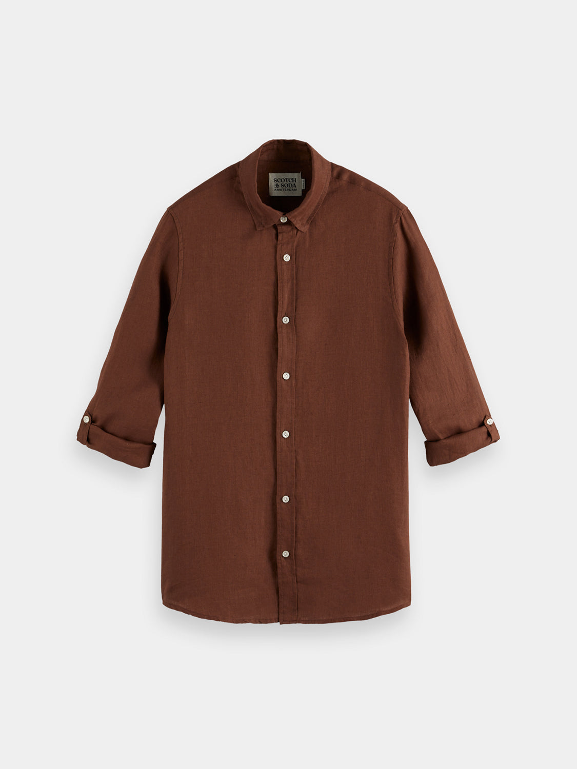 Long-sleeve Scotch & Soda linen shirt with a relaxed fit, featuring a collar and button-front in natural linen fabric.