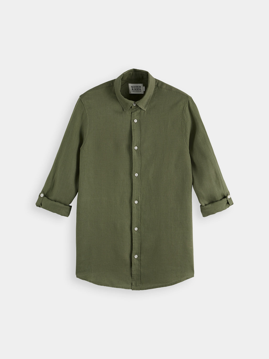 Light beige Scotch & Soda long-sleeve linen shirt with a classic collar and button-front design.