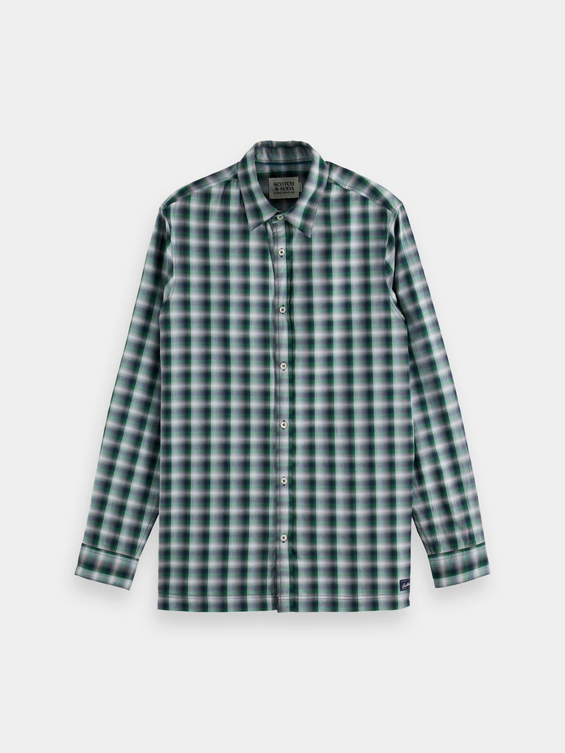 Long-sleeve Scotch & Soda checked shirt with button-up front and classic pattern, displayed on a neutral background.