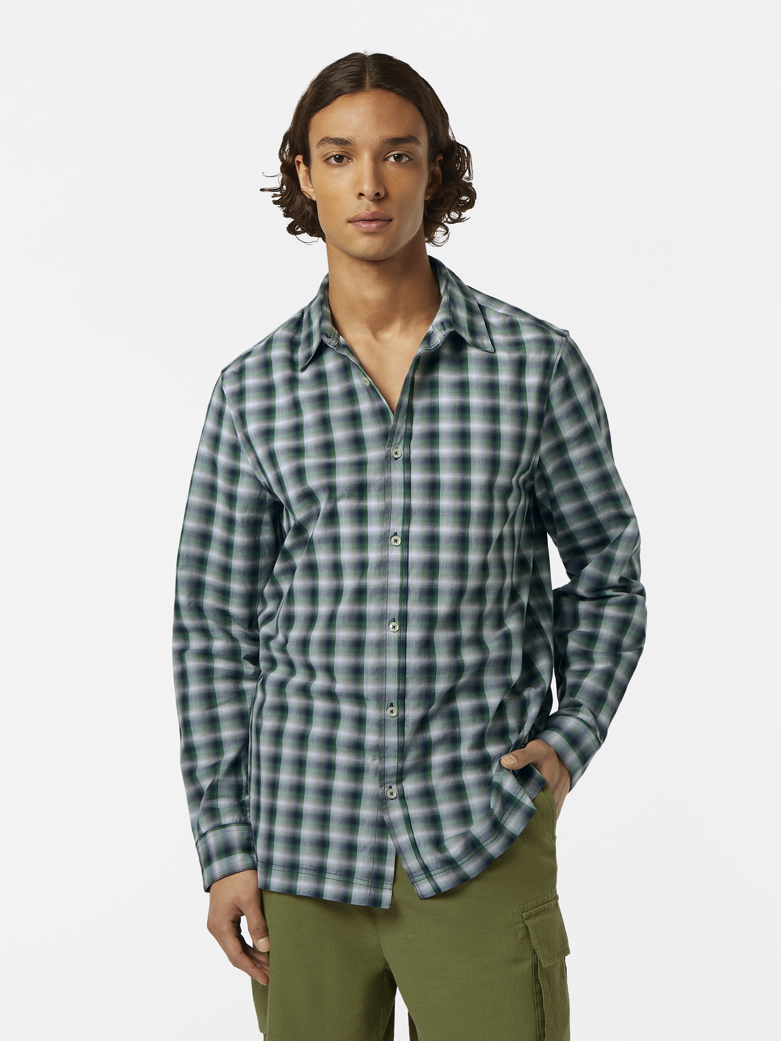 Long-sleeve Scotch & Soda checked shirt with blue and white pattern, casual style, and button-down front.