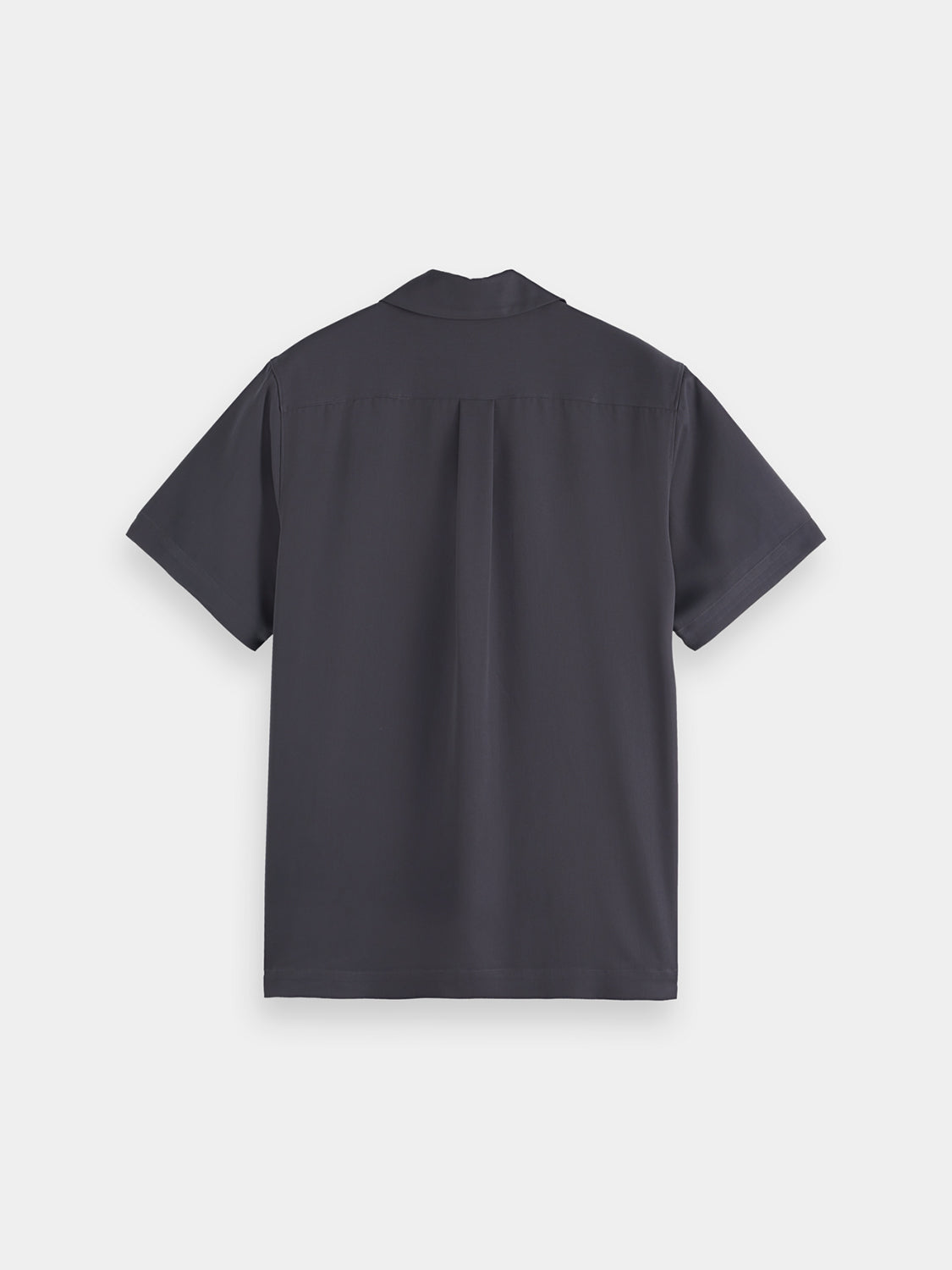 Back view of a Scotch & Soda short-sleeved sateen shirt showing its dark fabric and relaxed fit.