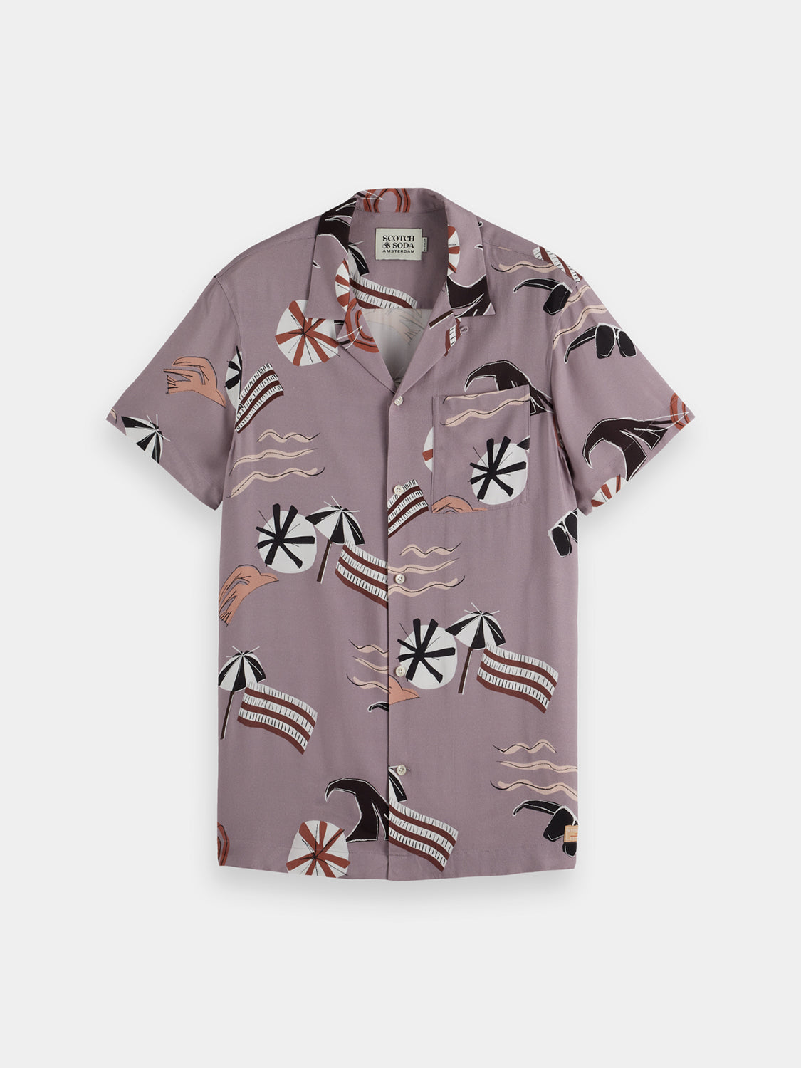 Printed short-sleeved shirt from Scotch & Soda featuring vibrant patterns and casual fit, displayed on a hanger.