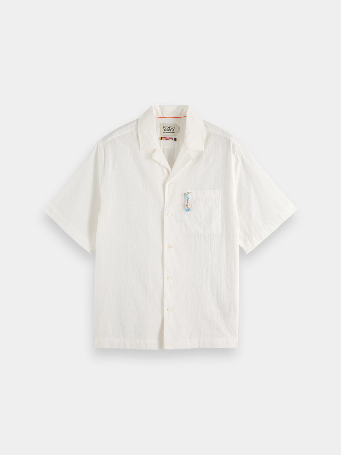 Light blue Scotch & Soda embroidered short-sleeve shirt with floral designs and button-front closure.