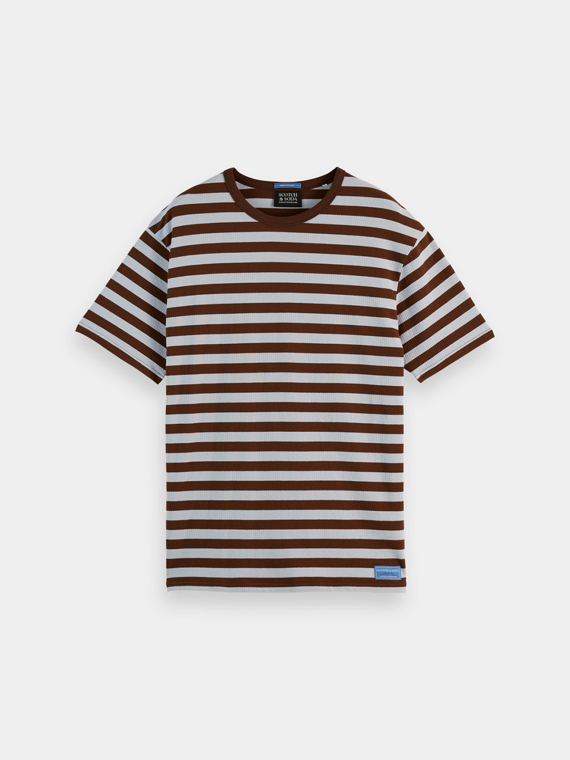 Scotch & Soda waffle striped short-sleeve T-shirt with a casual fit and classic pattern, shown in a front view.