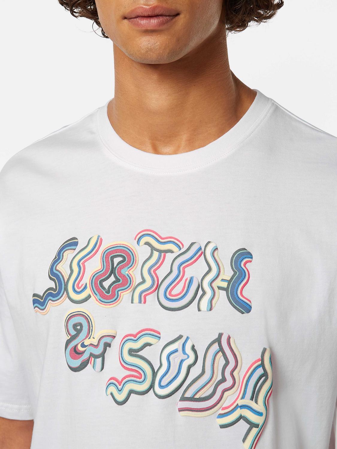 Scotch & Soda short sleeve graphic logo t-shirt with bold print on front, casual men's or women's fashion tee.