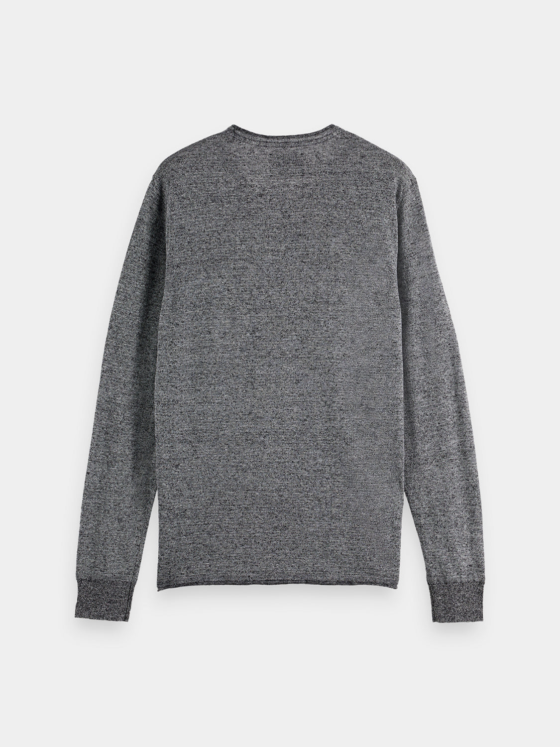 Navy linen-blend knit pullover by Scotch & Soda, front view showing soft fabric and classic crew neckline.