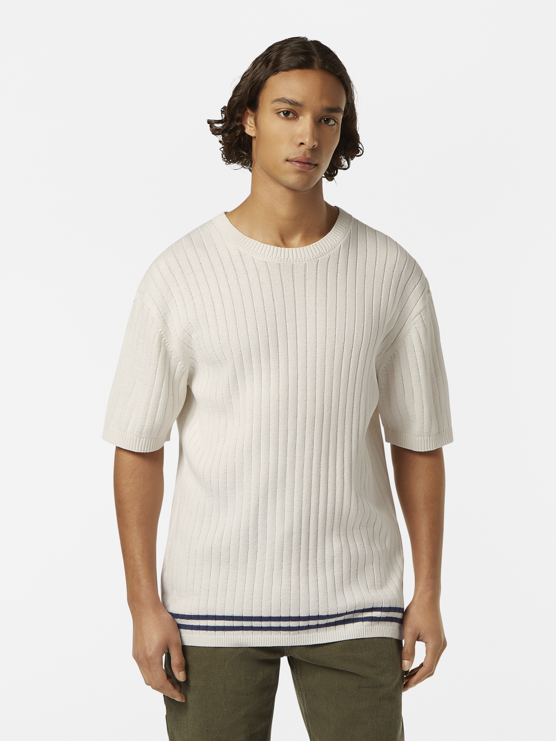 Structured knitted T-shirt by Scotch & Soda, featuring a textured knitwear design in a casual fit, shown in a close-up view.