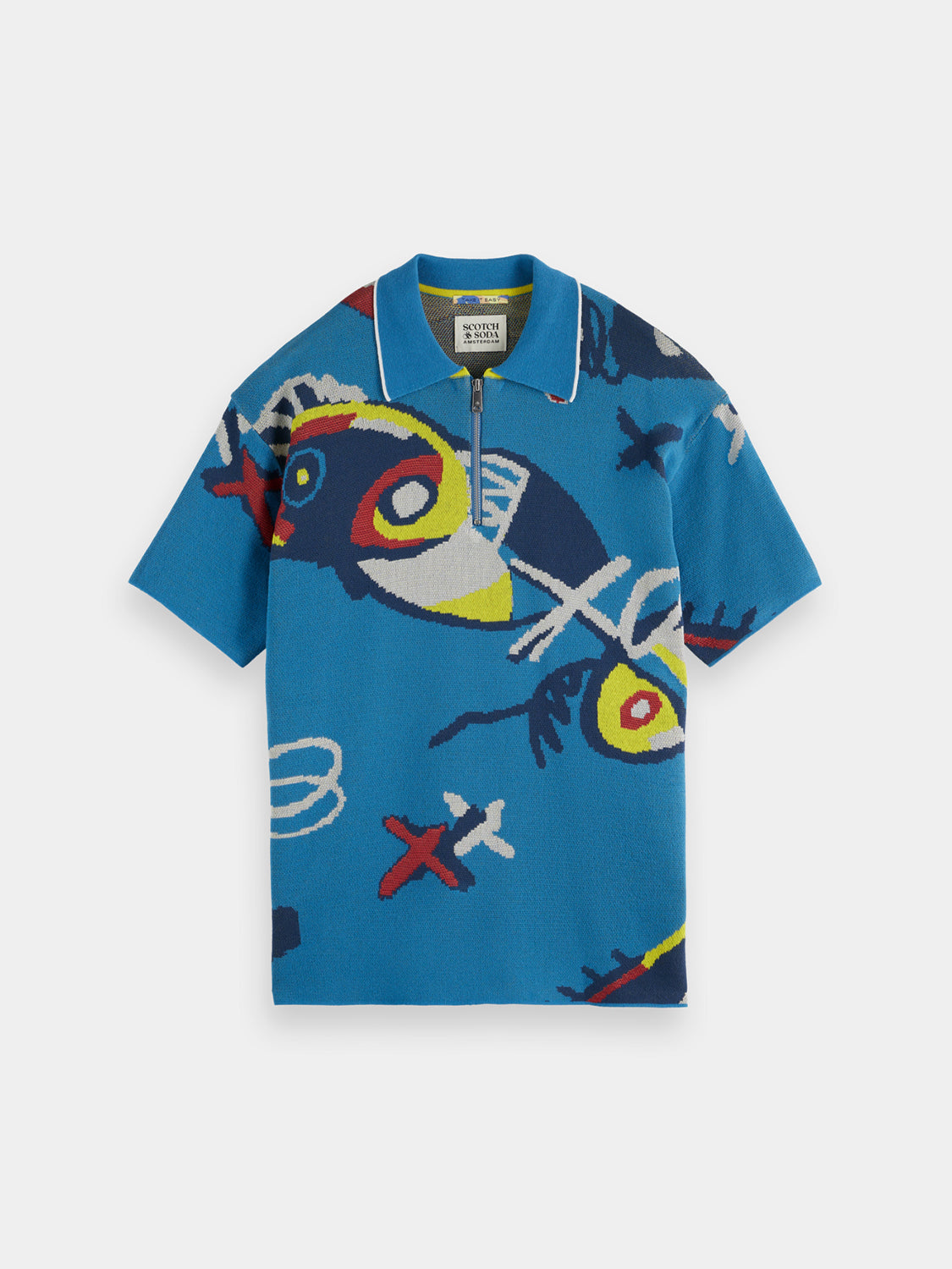 Scotch & Soda knitted polo shirt in navy with a classic collar and button placket, displayed on a hanger.
