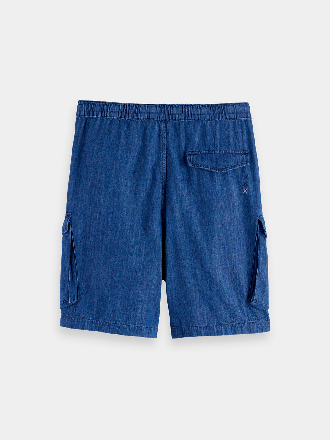 Dark blue denim cargo shorts for men by Scotch & Soda, with multiple pockets and a casual fit.