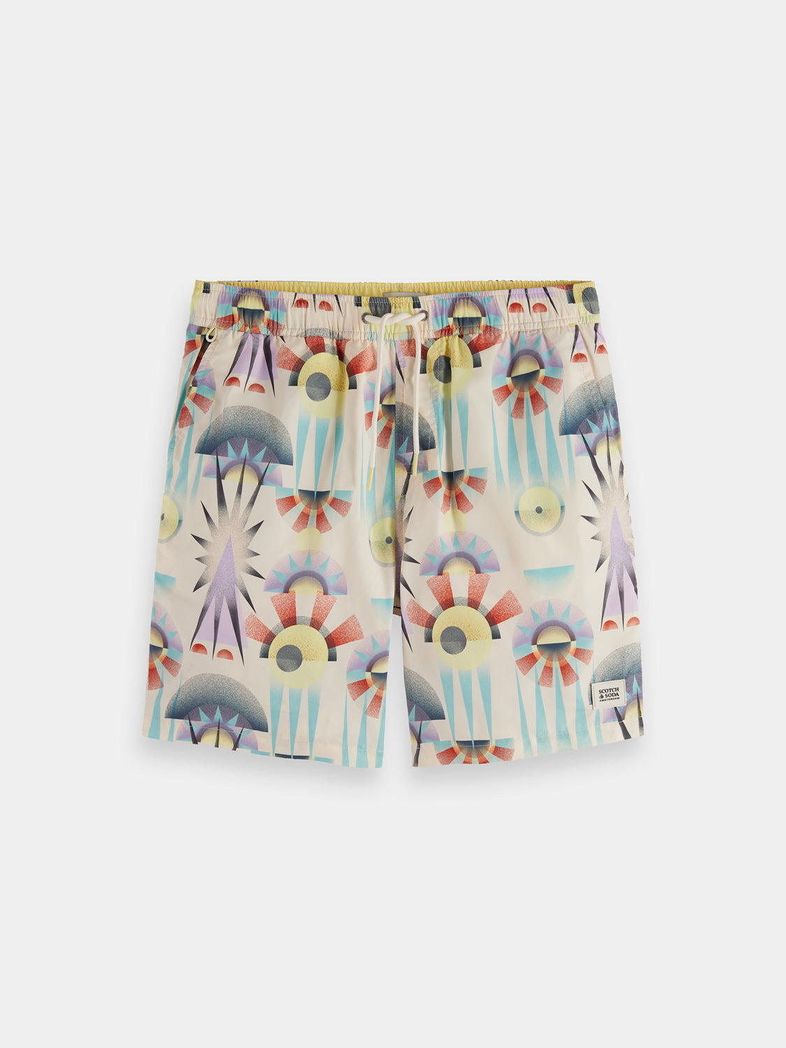 Printed SCOTCH & SODA swimshorts with vibrant tropical pattern, displayed flat on a white background.