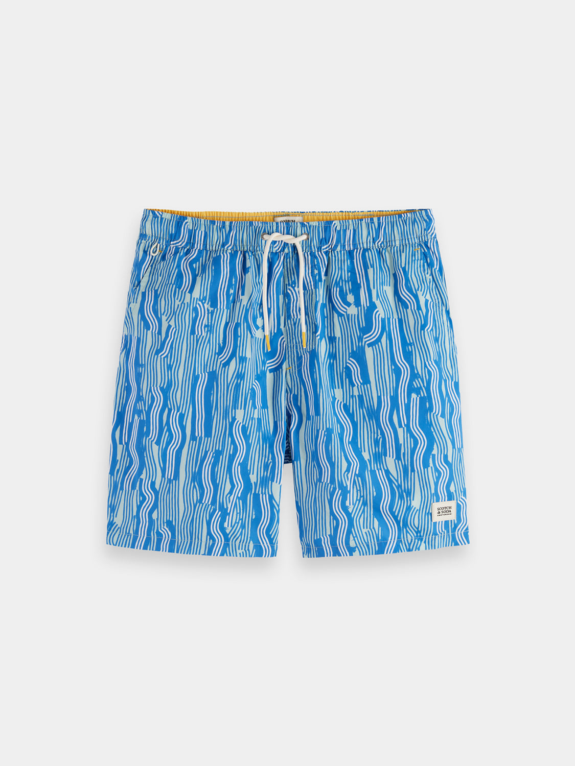 Printed swimshorts by Scotch & Soda featuring vibrant tropical patterns and comfortable swimwear design.