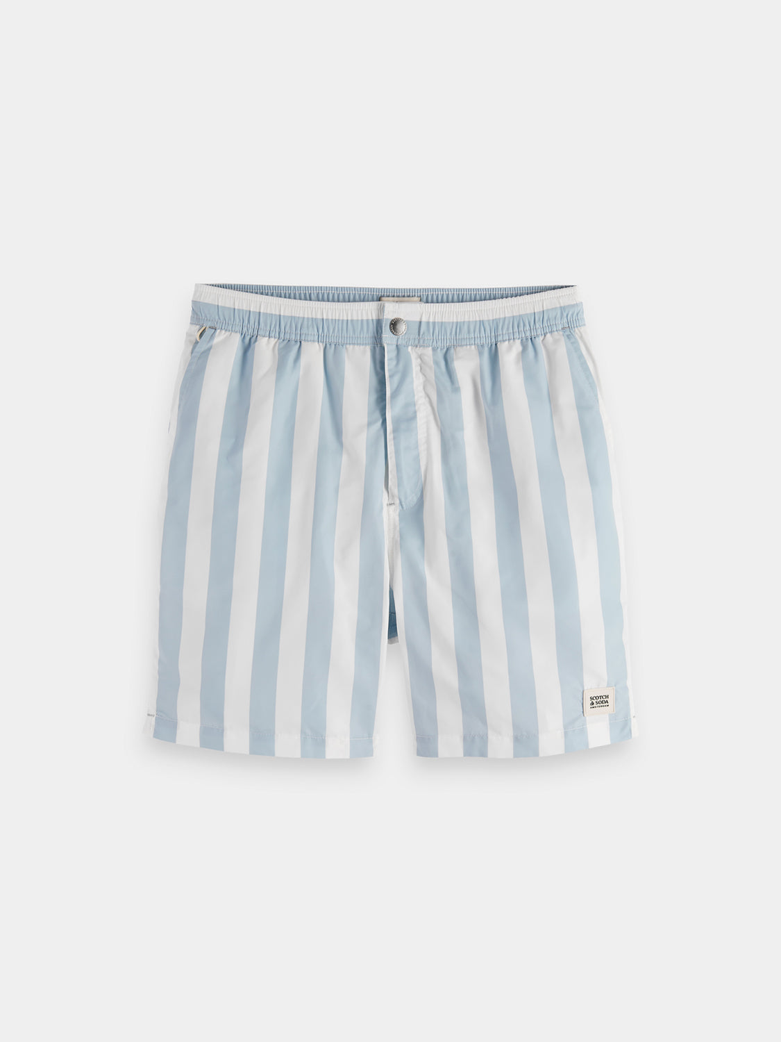 Striped swimshorts by Scotch & Soda featuring vibrant blue, white, and red horizontal stripes, perfect for beach or pool.