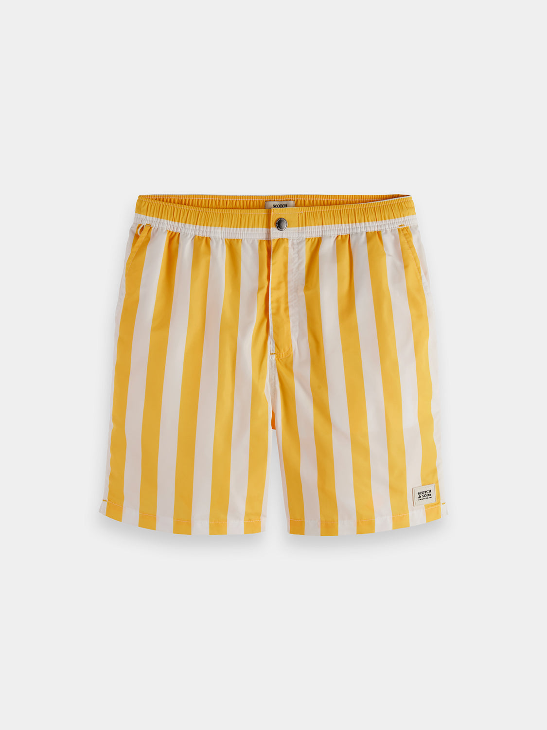 Striped swimshorts from Scotch & Soda featuring blue, white, and navy horizontal stripes, designed for beach and pool wear.
